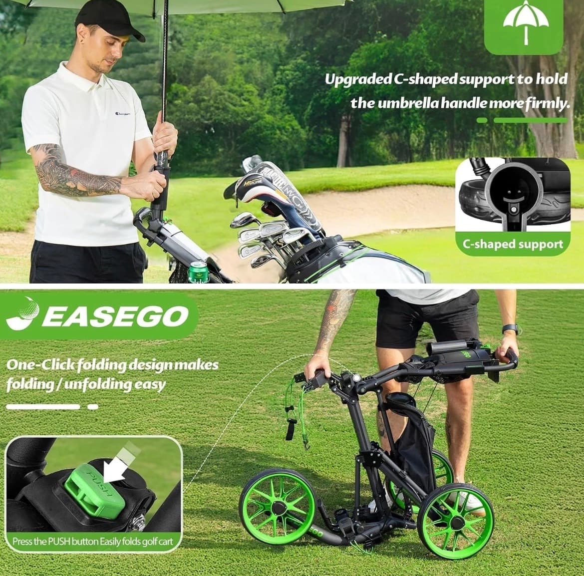 3-Wheel Golf Push Cart with 360° Swivel Front Wheel, Phone, Cup and Umbrella Holders — photo 3