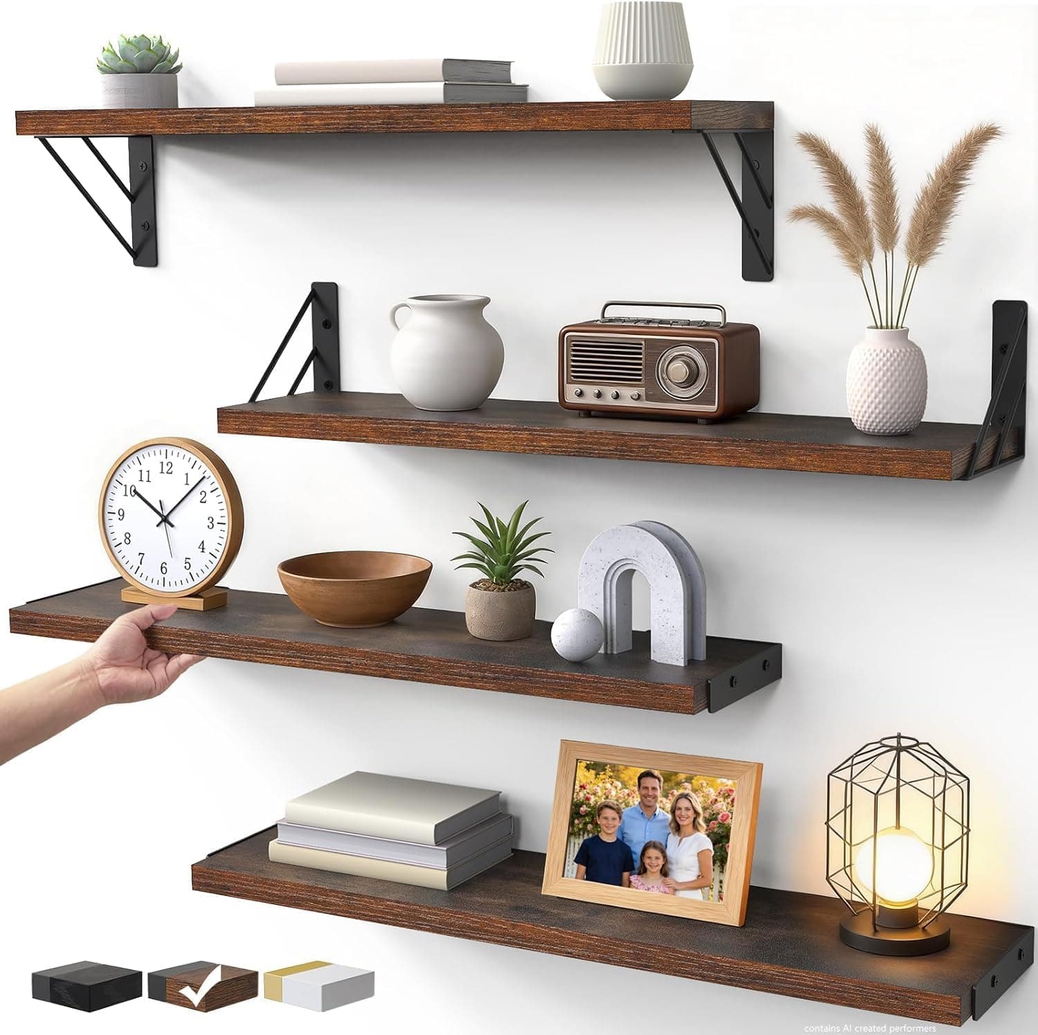 Wall Mounted Floating Shelves, 22.4 in, Rustic Brown, Set of 4