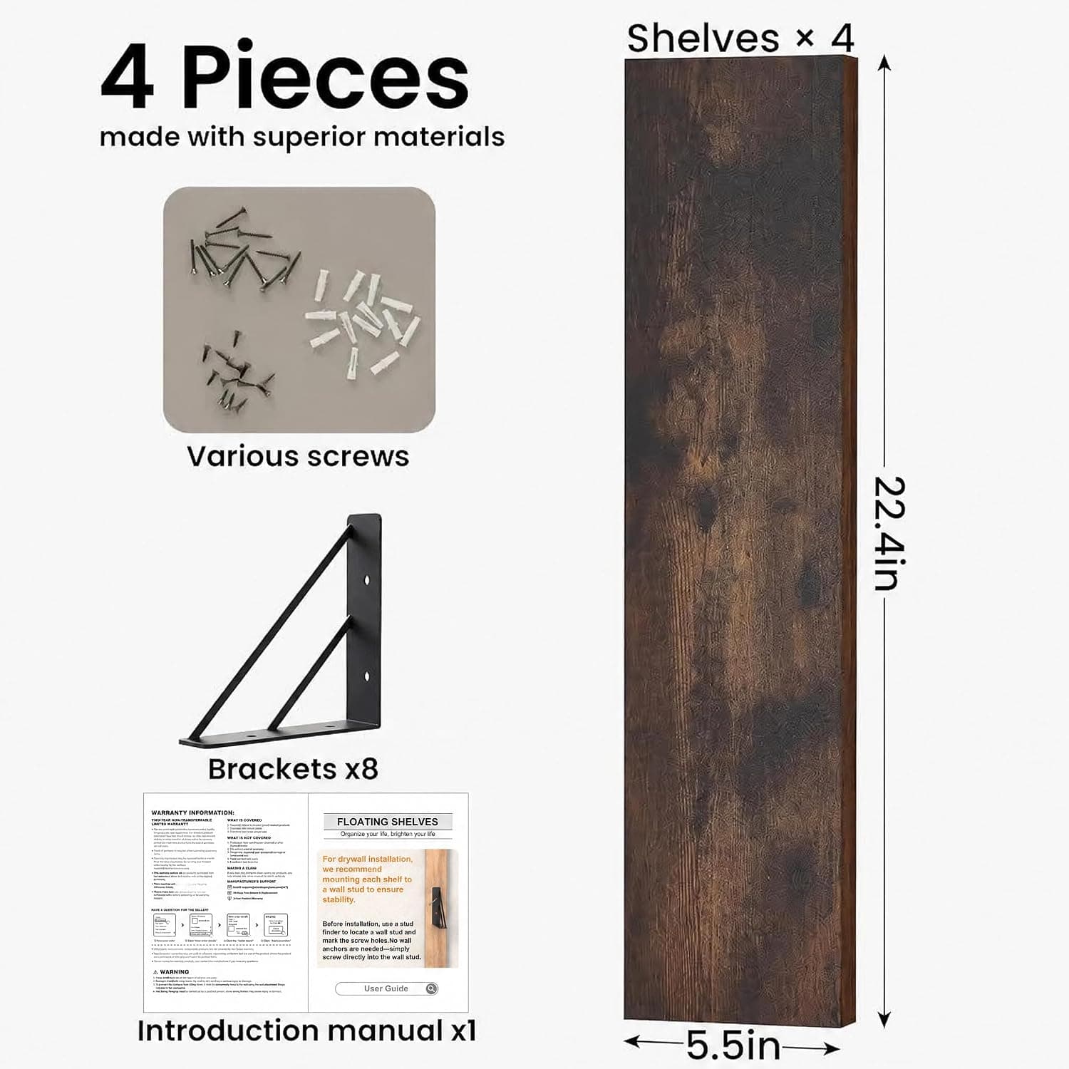 Wall Mounted Floating Shelves, 22.4 in, Rustic Brown, Set of 4 — photo 3