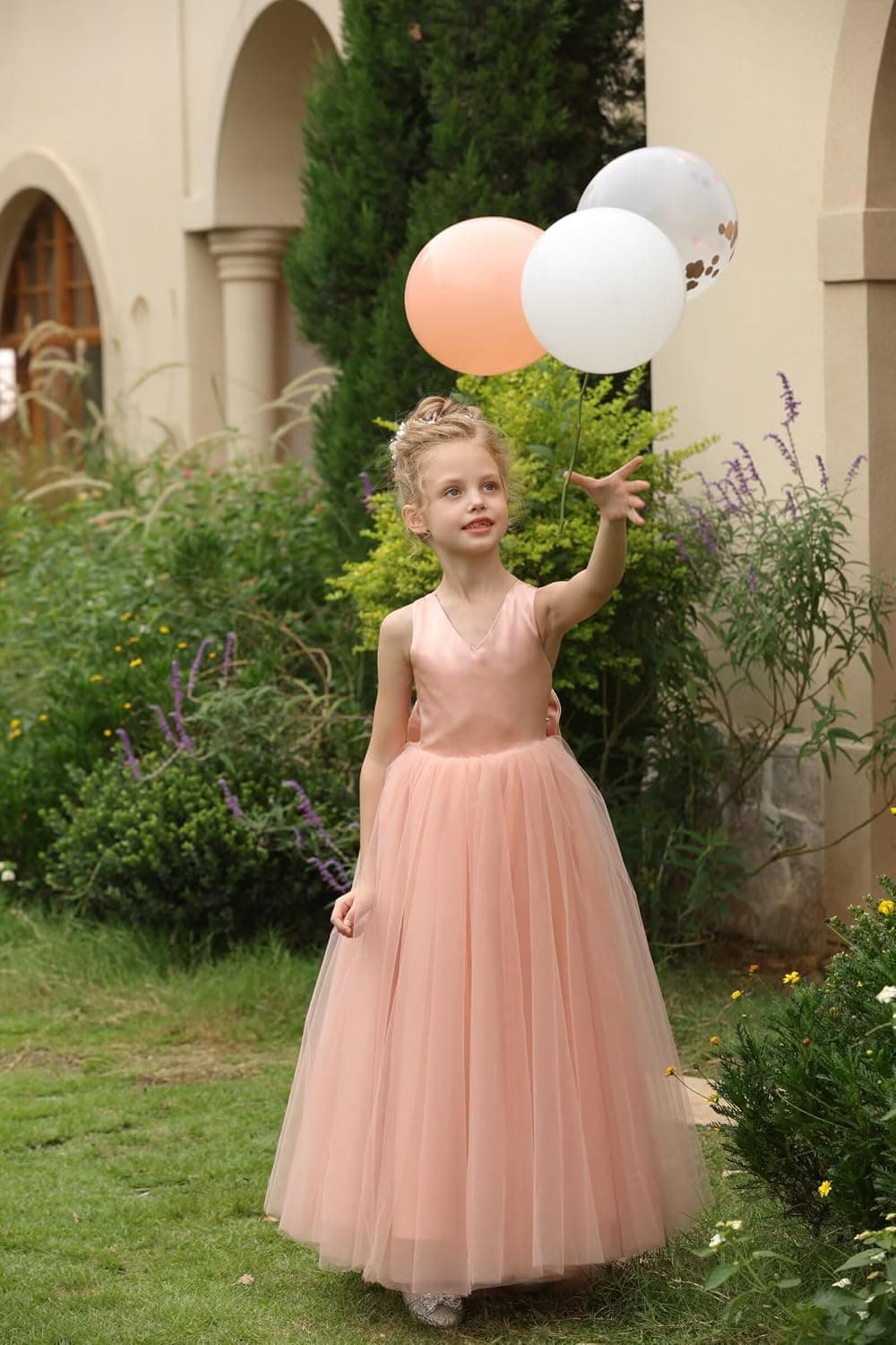 Girls Puffy Tulle Flower Girl Pageant Dress, Floor Length — photo 3
