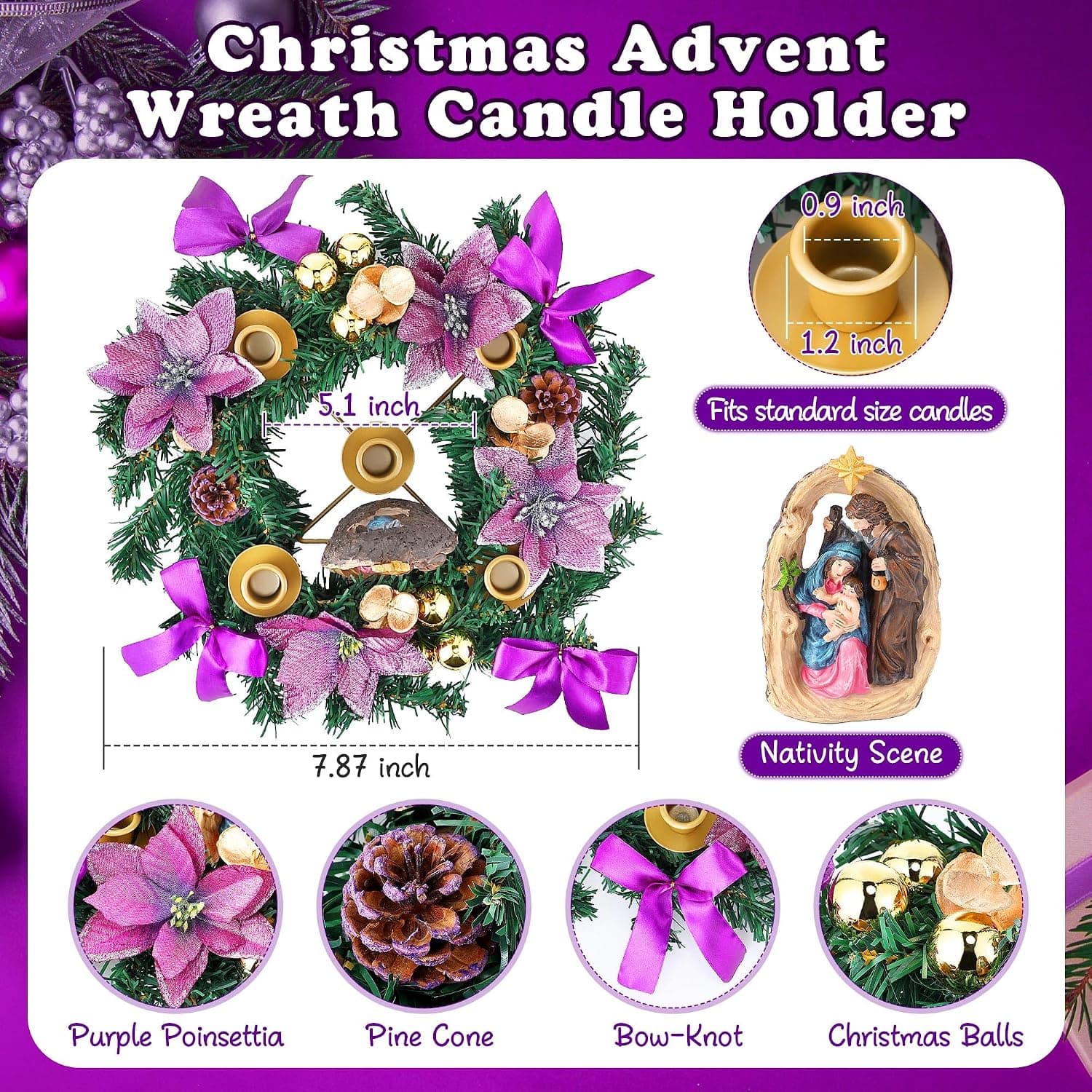 Christmas Advent Wreath Candle Holder, Purple, No Candles — photo 2
