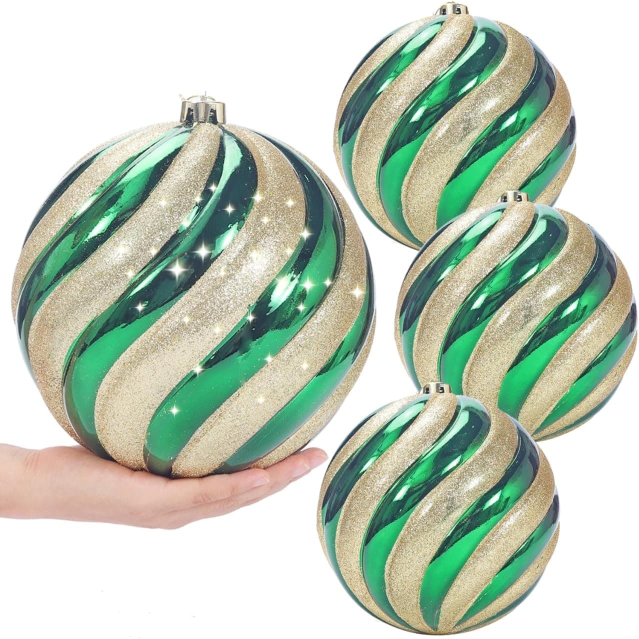 Extra Large Christmas Ball Ornaments, 8 in, Gold and Green, 4-Pack