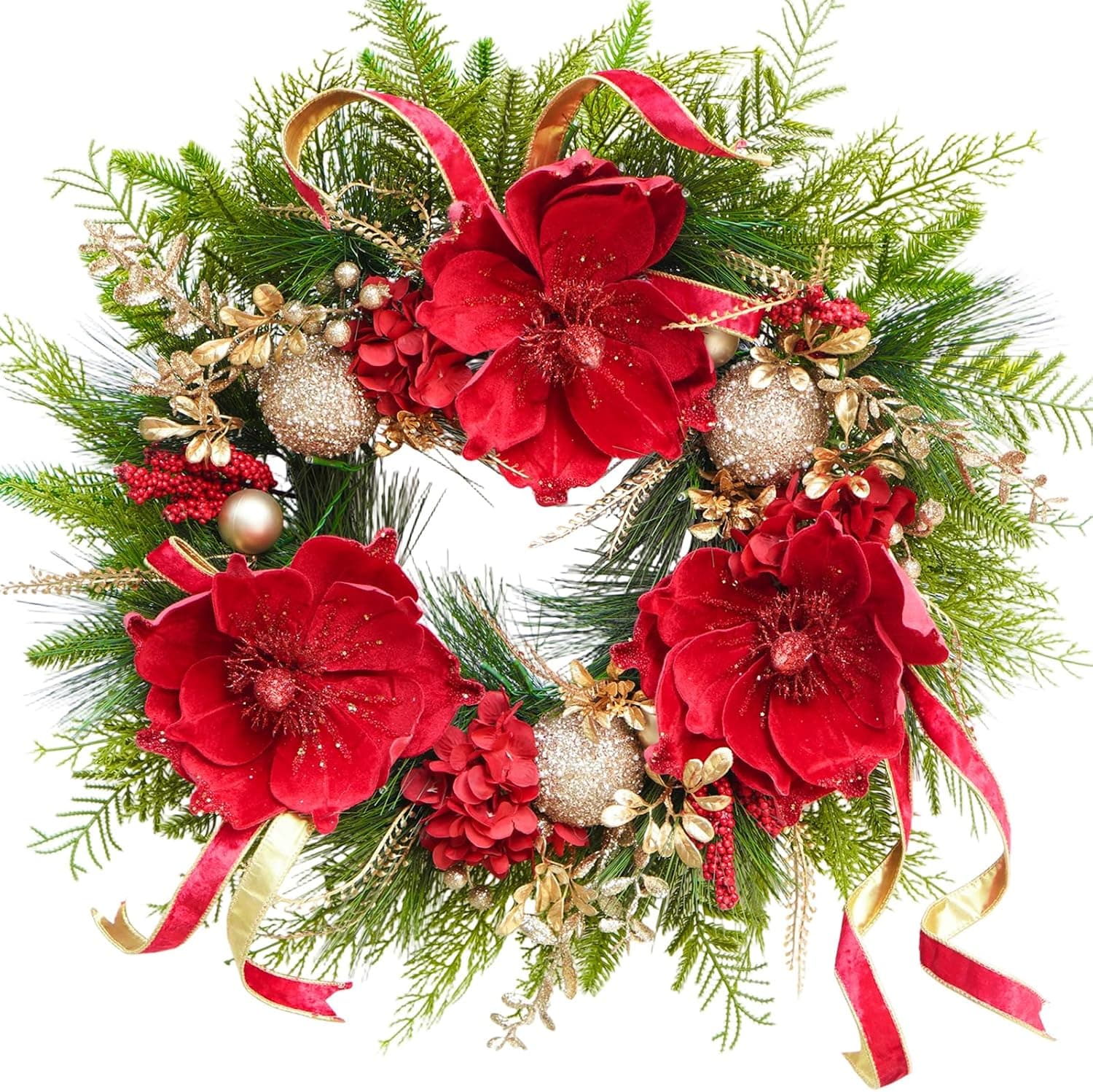 Red and Gold Christmas Wreath, 24 in, Double-Sided Ribbon
