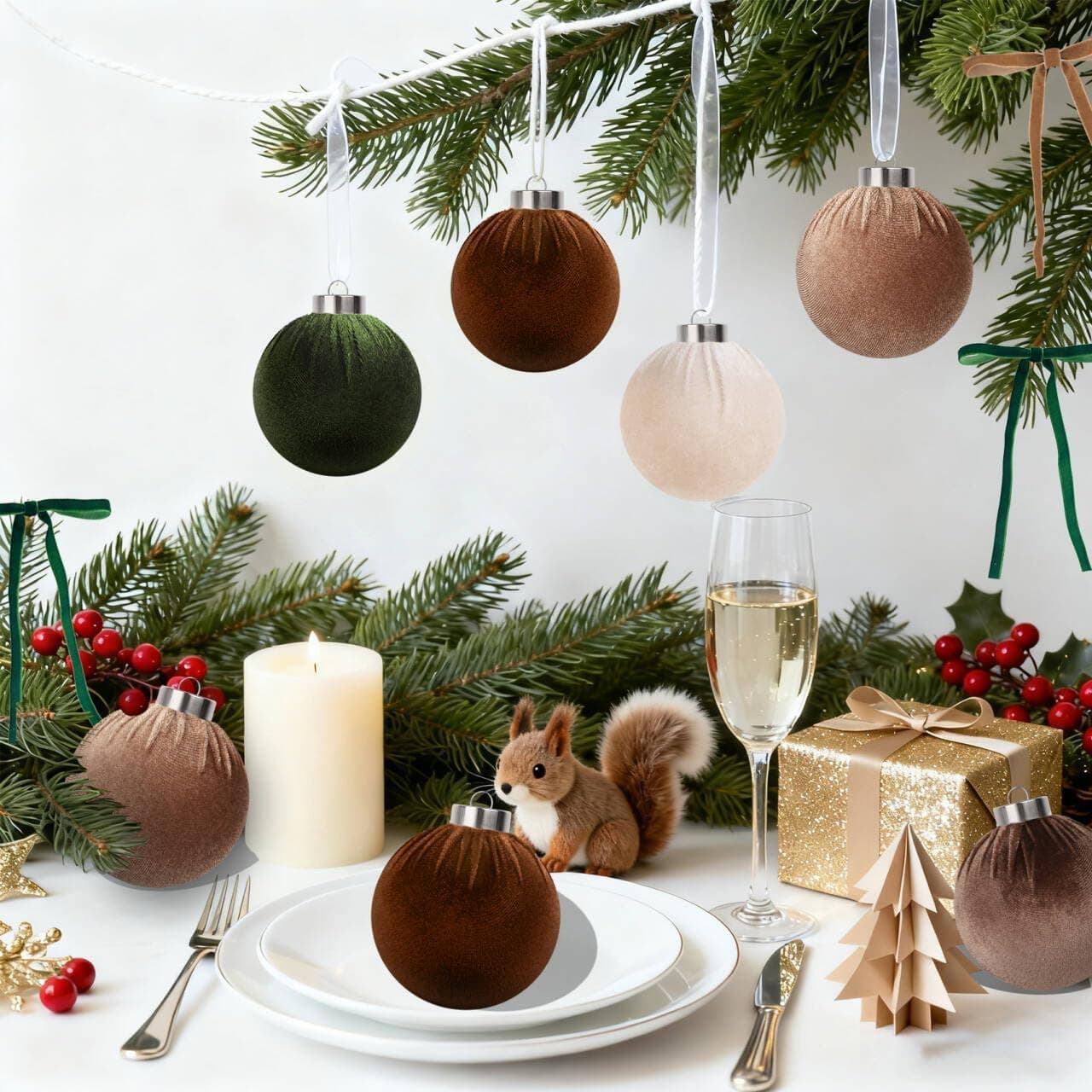 Neutral Velvet Christmas Ornaments and Bows, Brown and Green, 30 Pieces