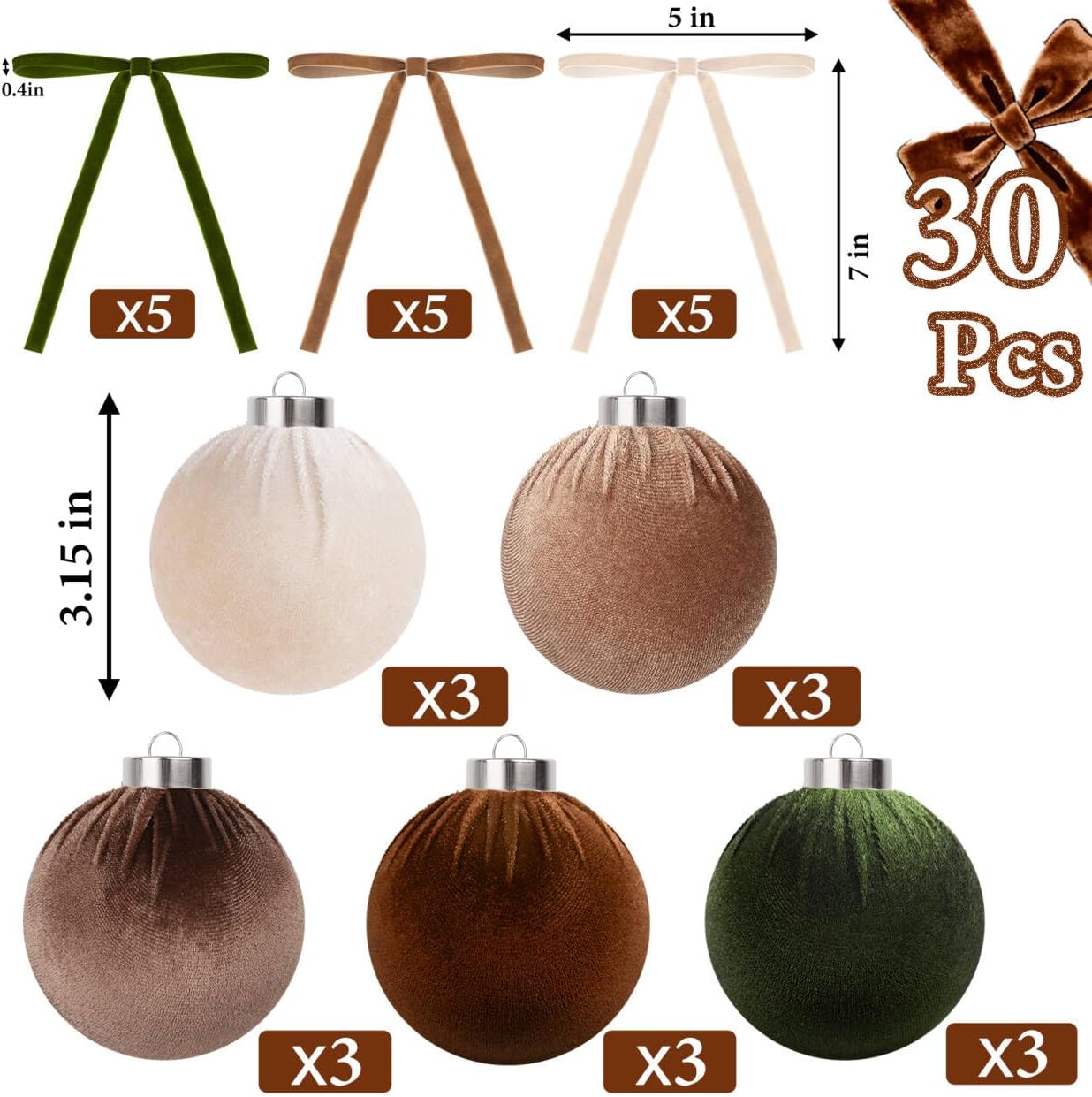 Neutral Velvet Christmas Ornaments and Bows, Brown and Green, 30 Pieces — photo 3