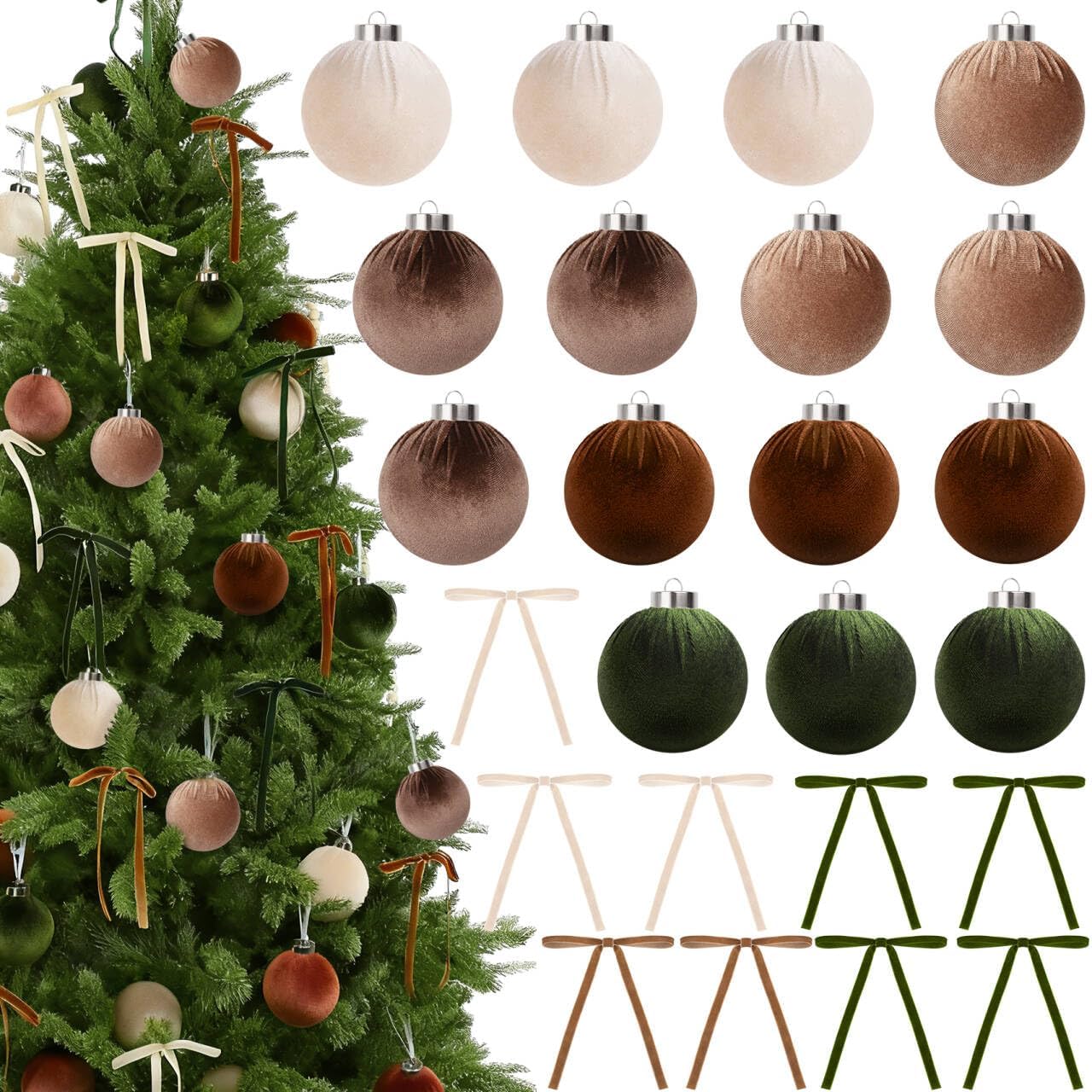 Neutral Velvet Christmas Ornaments and Bows, Brown and Green, 30 Pieces — photo 2