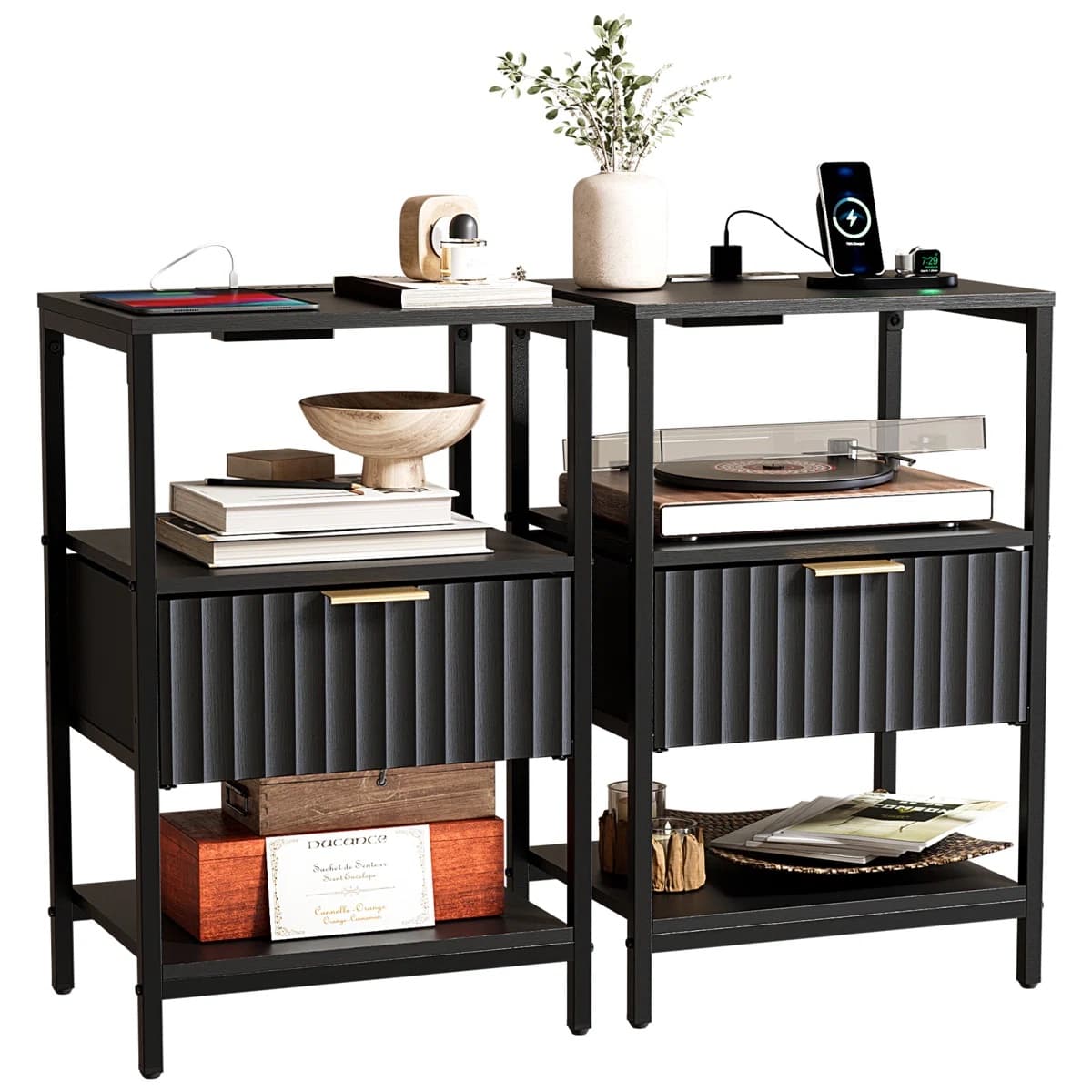 Fluted Nightstand with Charging Station and Fabric Drawer, Black, Set of 2