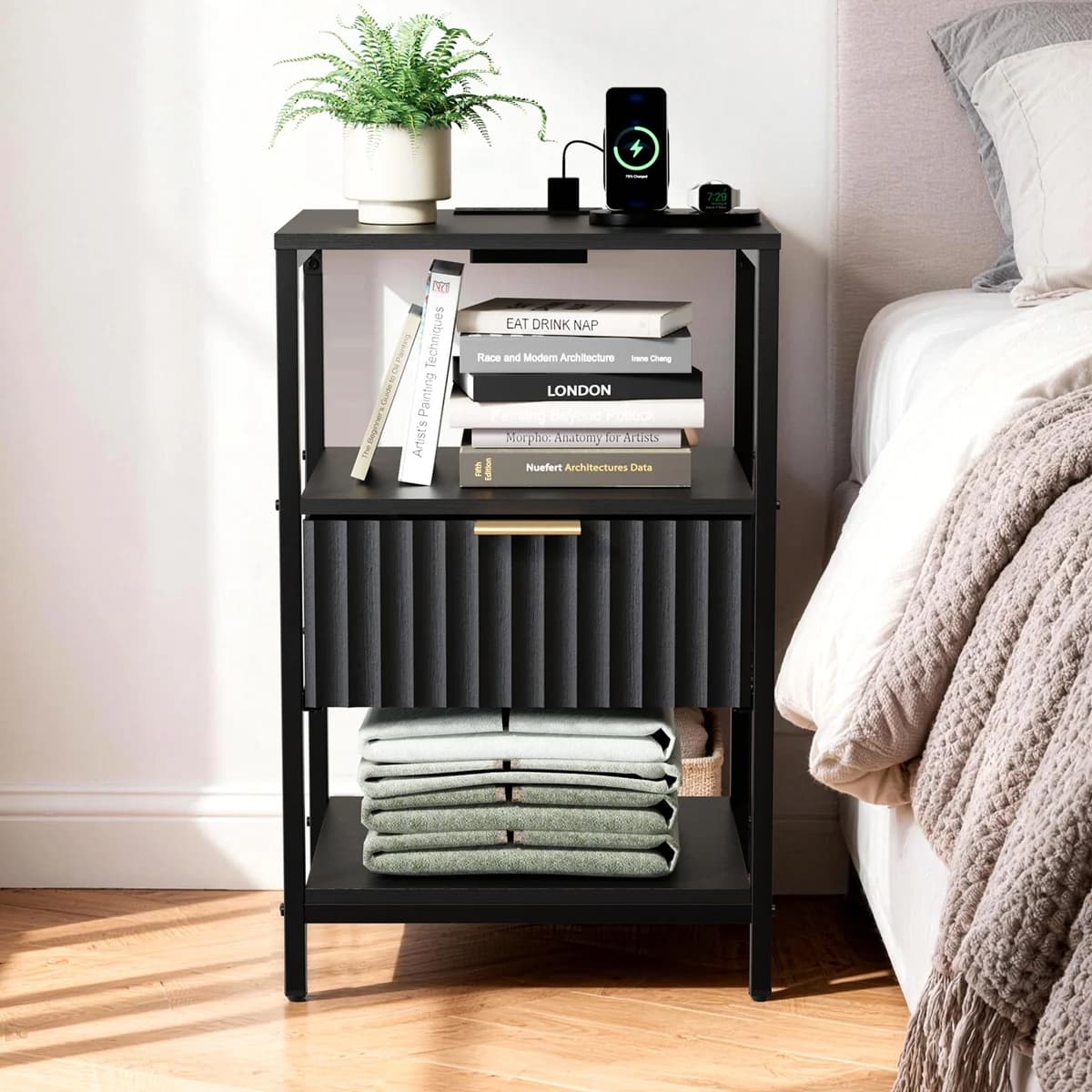 Fluted Nightstand with Charging Station and Fabric Drawer, Black, Set of 2 — photo 2