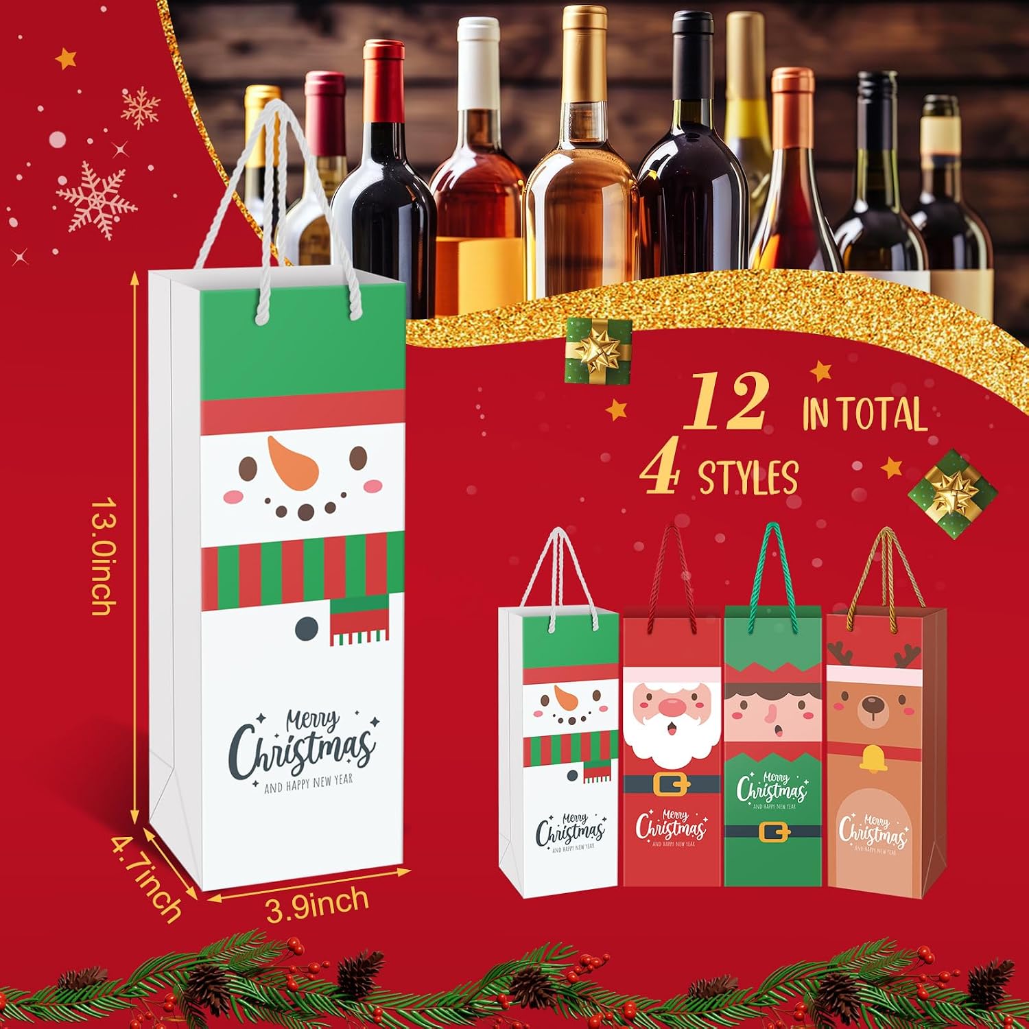 Christmas Wine Bottle Gift Bags with Handles, 12-Pack — photo 3