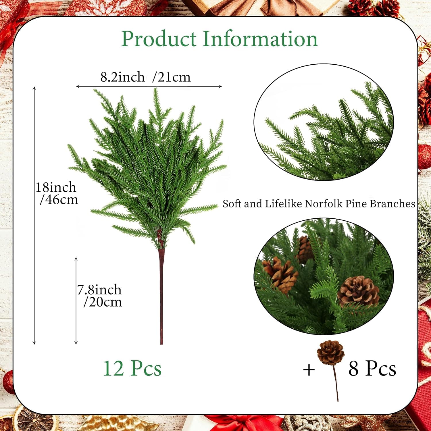 Artificial Norfolk Pine Branches with Pine Cones, 18 in, 12-Pack — photo 2