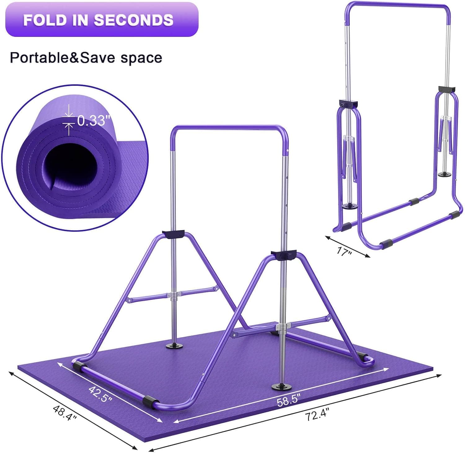Kids Gymnastics Bar with 5 Adjustable Heights, Purple — photo 3