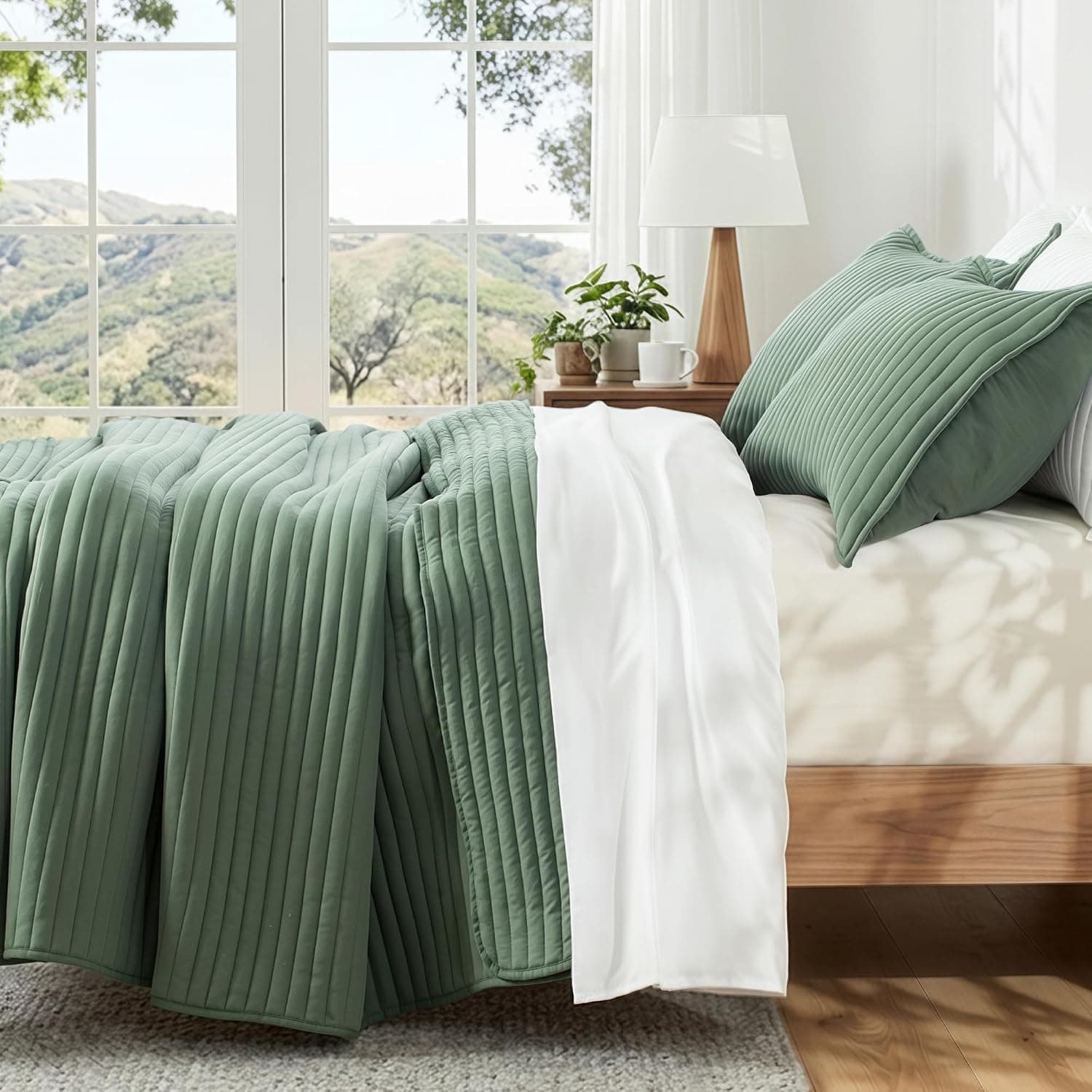 Striped Quilted King Quilt Bedding Set, Dark Green — photo 2