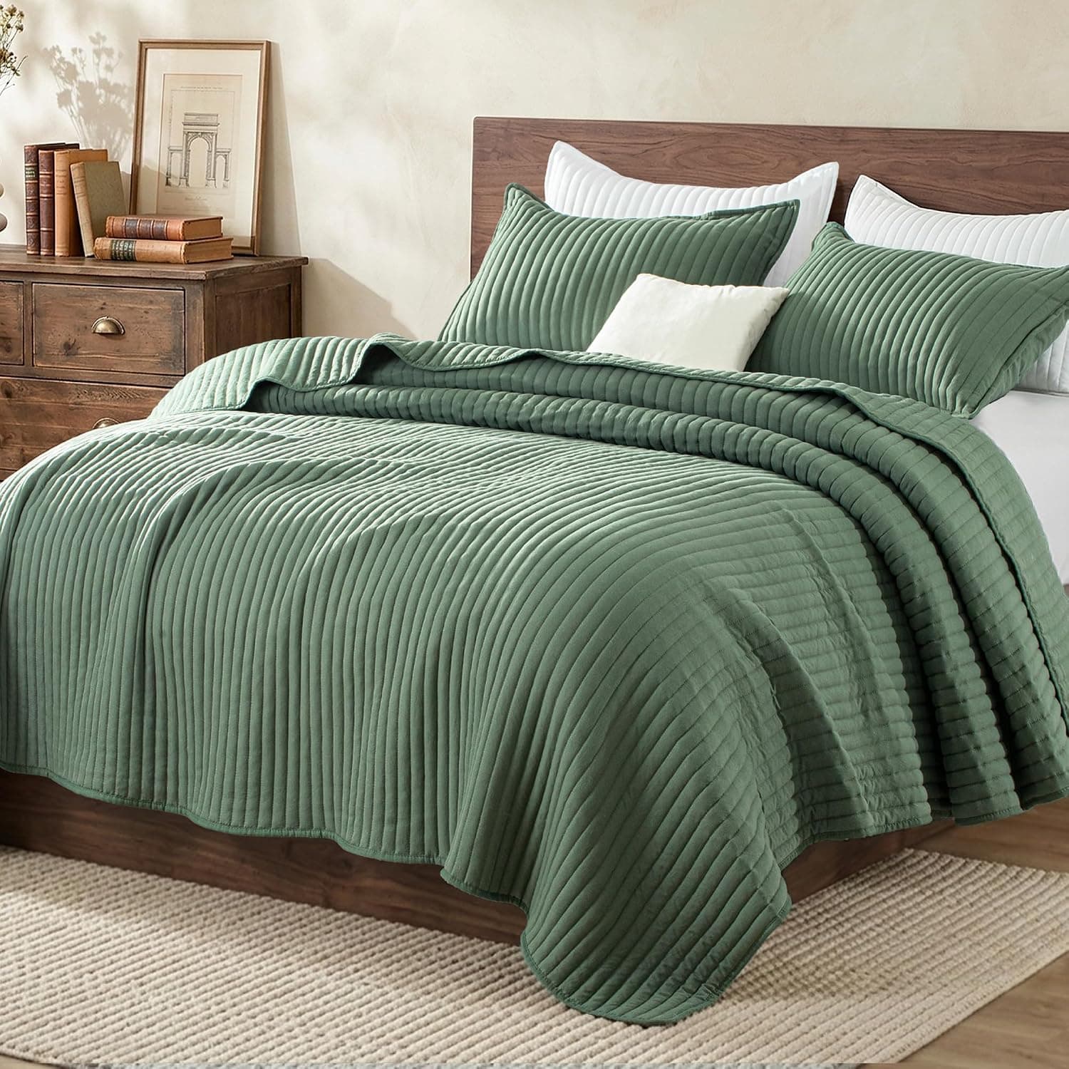 Striped Quilted King Quilt Bedding Set, Dark Green