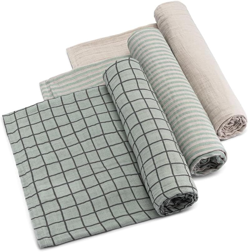 Muslin Swaddle Blankets, 100% Cotton, Sage, 3-Pack