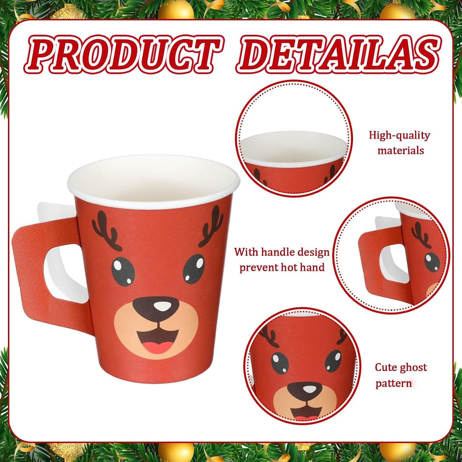 Christmas Reindeer Paper Coffee Cups with Handles, 100-Pack — photo 2