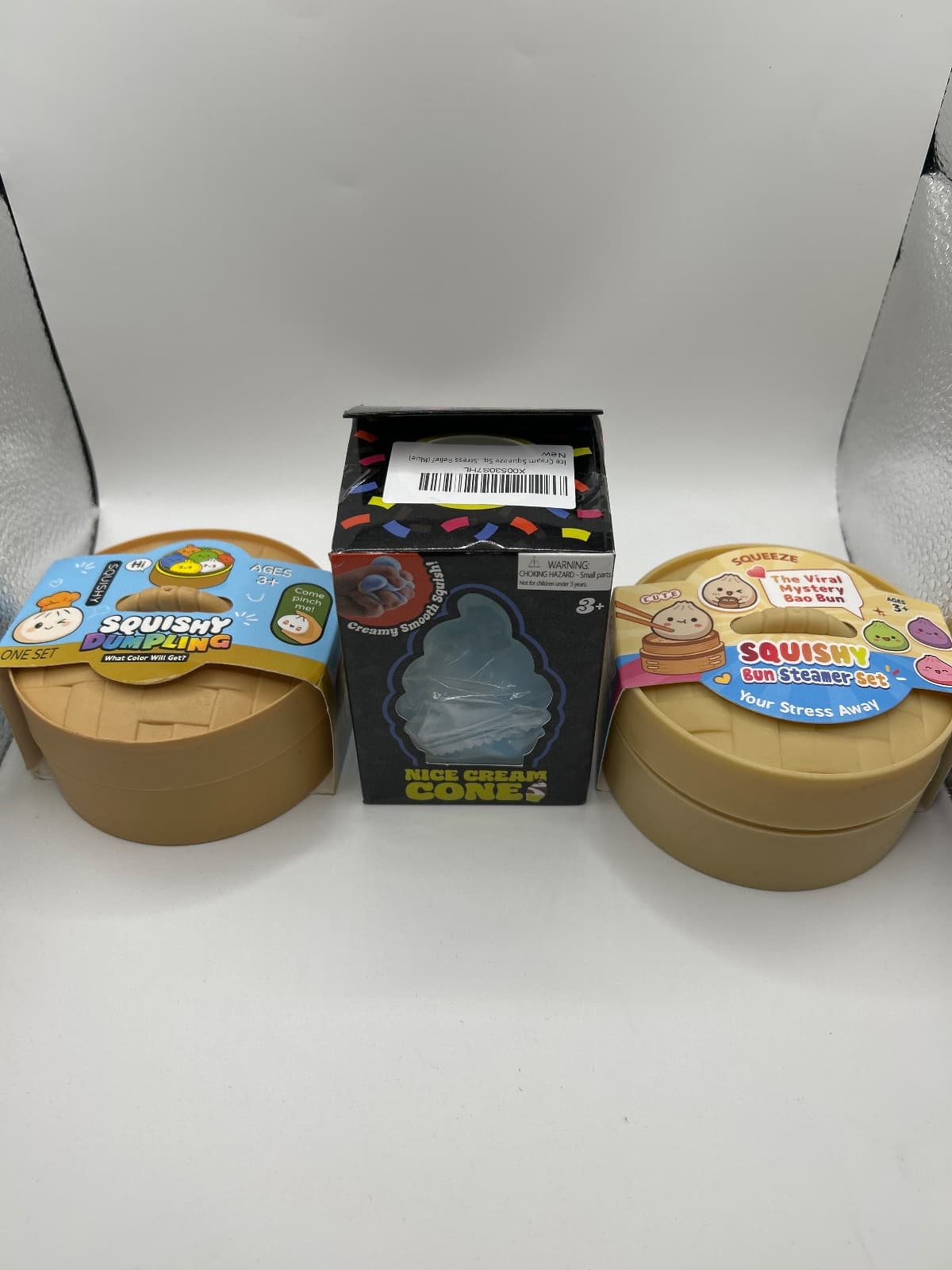 Squishy Collectible Toy Lot, 2 Dumplings and 1 Ice Cream, 3 Pieces
