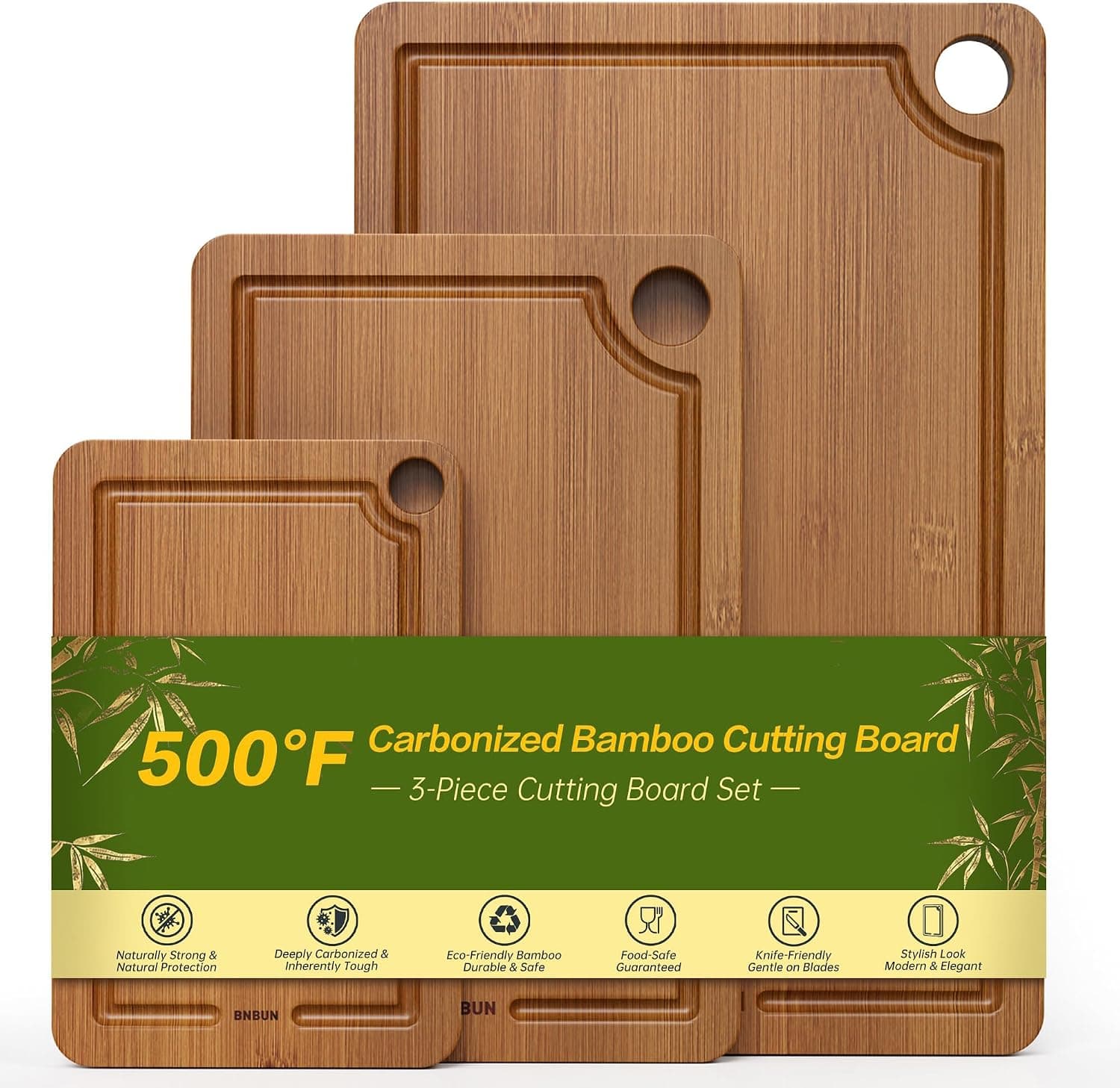 Bamboo Cutting Board Set with Juice Grooves, 3-Piece