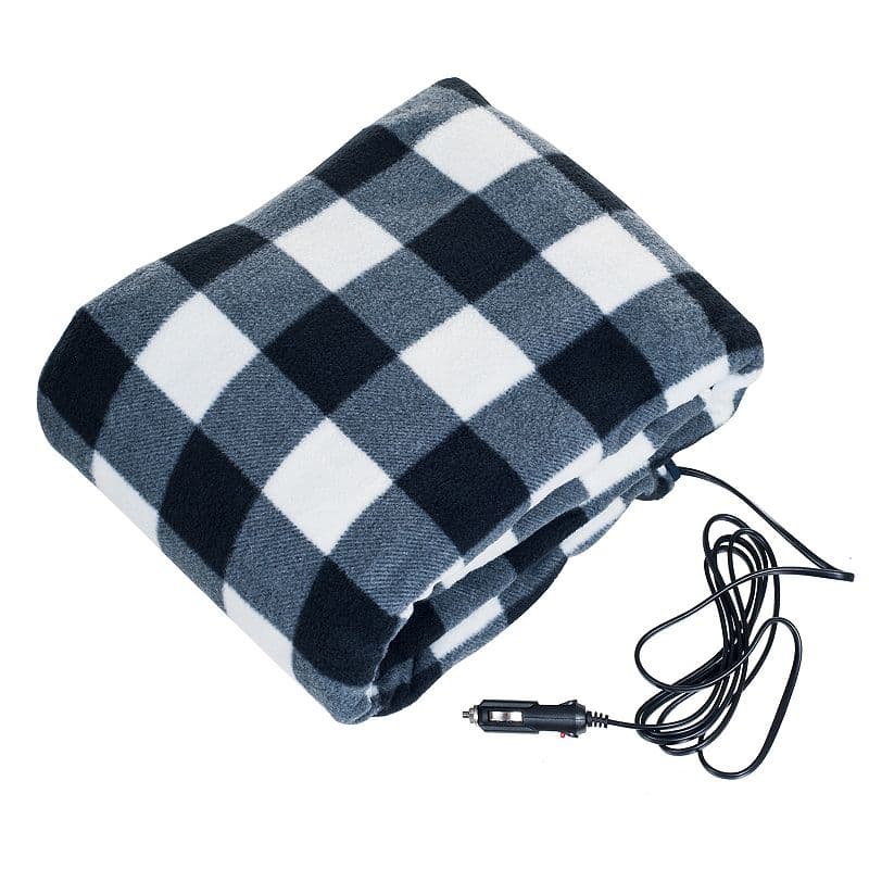 12V Heated Car Blanket, 96 in Cord, Black Plaid