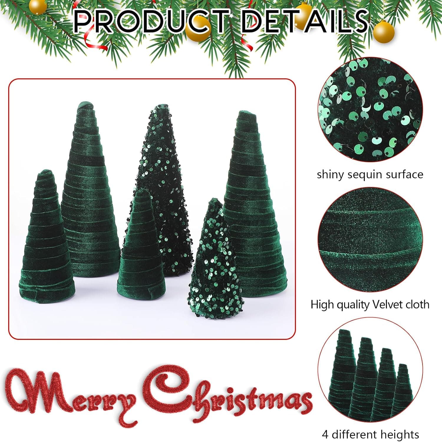 Velvet Christmas Tree Decor Set, Green, 6 Pieces — photo 3