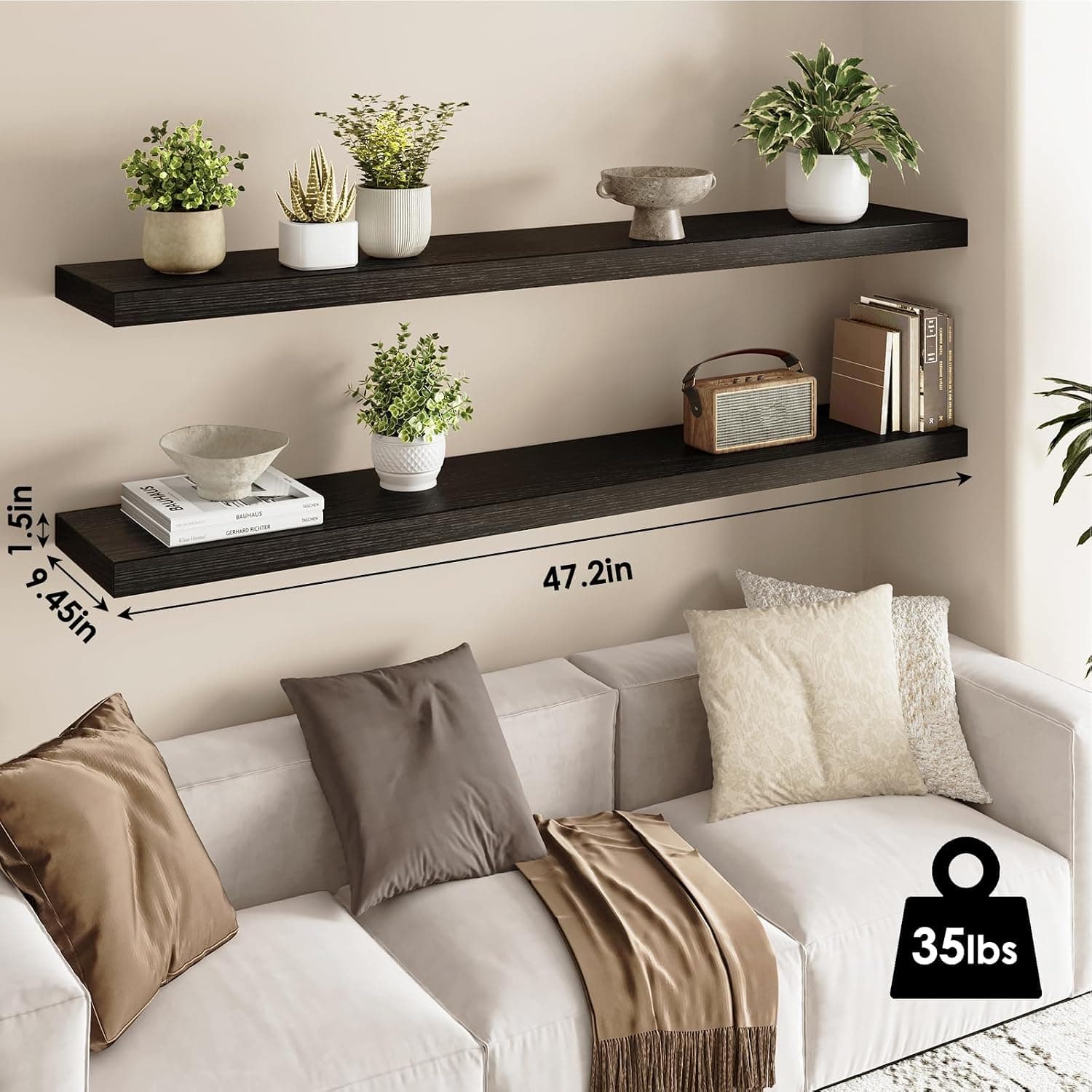Floating Wall Shelves, 47.2 in, Black, Set of 2 — photo 3