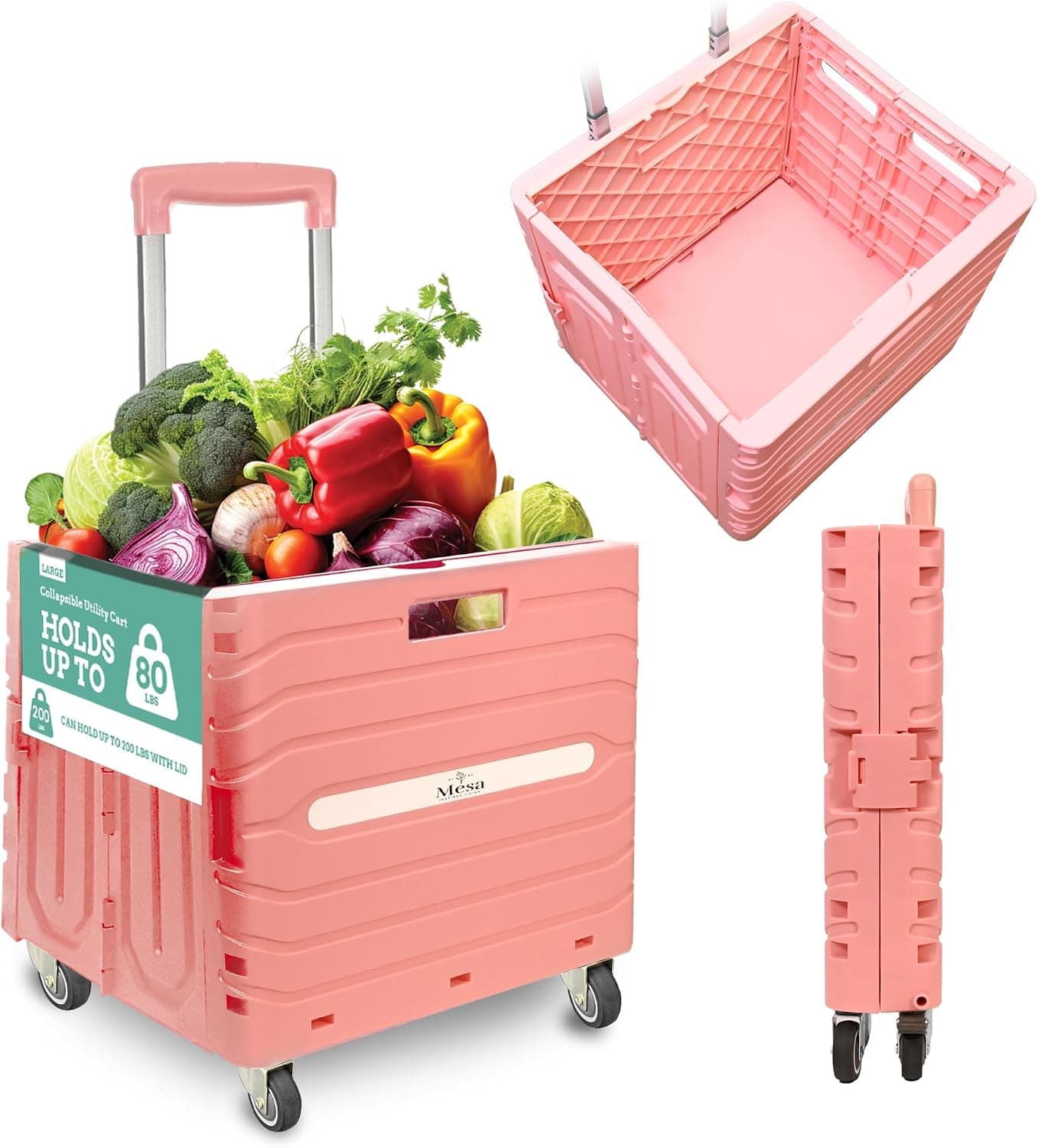 Collapsible Folding Utility Cart with Wheels, Pink