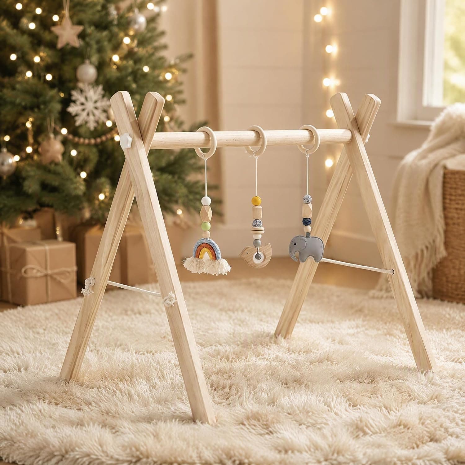 Wooden Baby Play Gym with 3 Hanging Toys