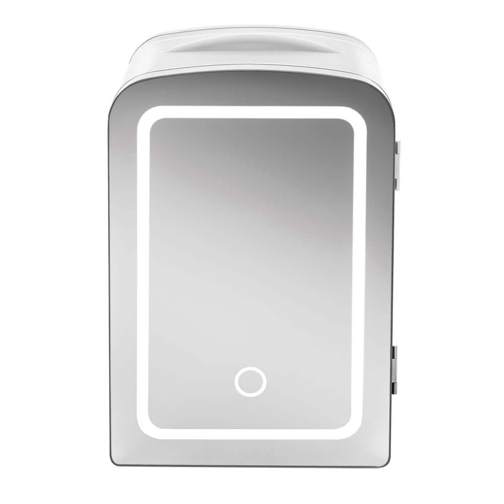 Chefman Portable Mirrored 4L Mini Fridge with LED Light, Heats and Cools, White
