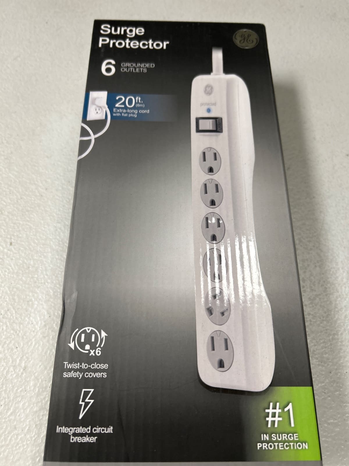 GE 6-Outlet Surge Protector Power Strip, 20 ft Cord, 800 Joules, Flat Plug — photo 2