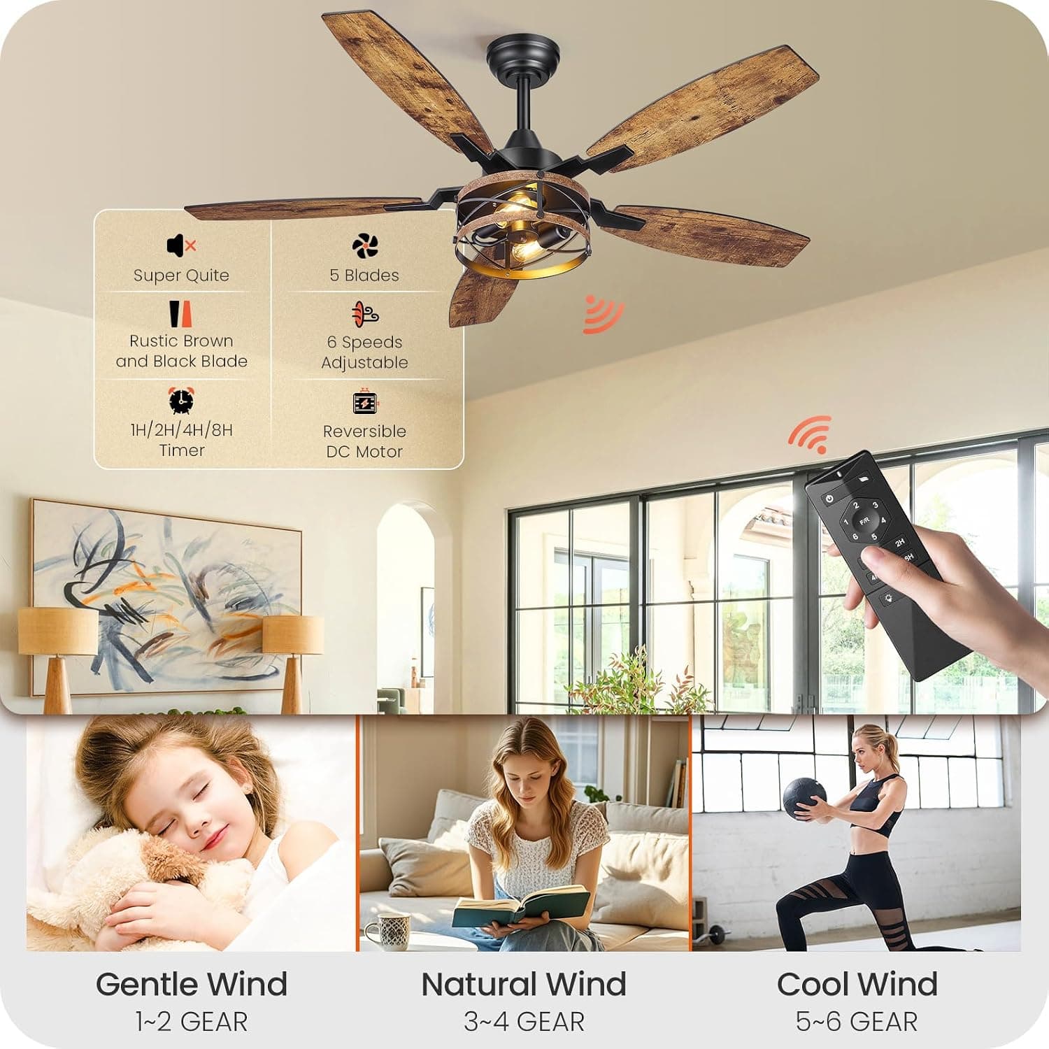 50 Inch Farmhouse Ceiling Fan with Lights and Remote, Timer — photo 2