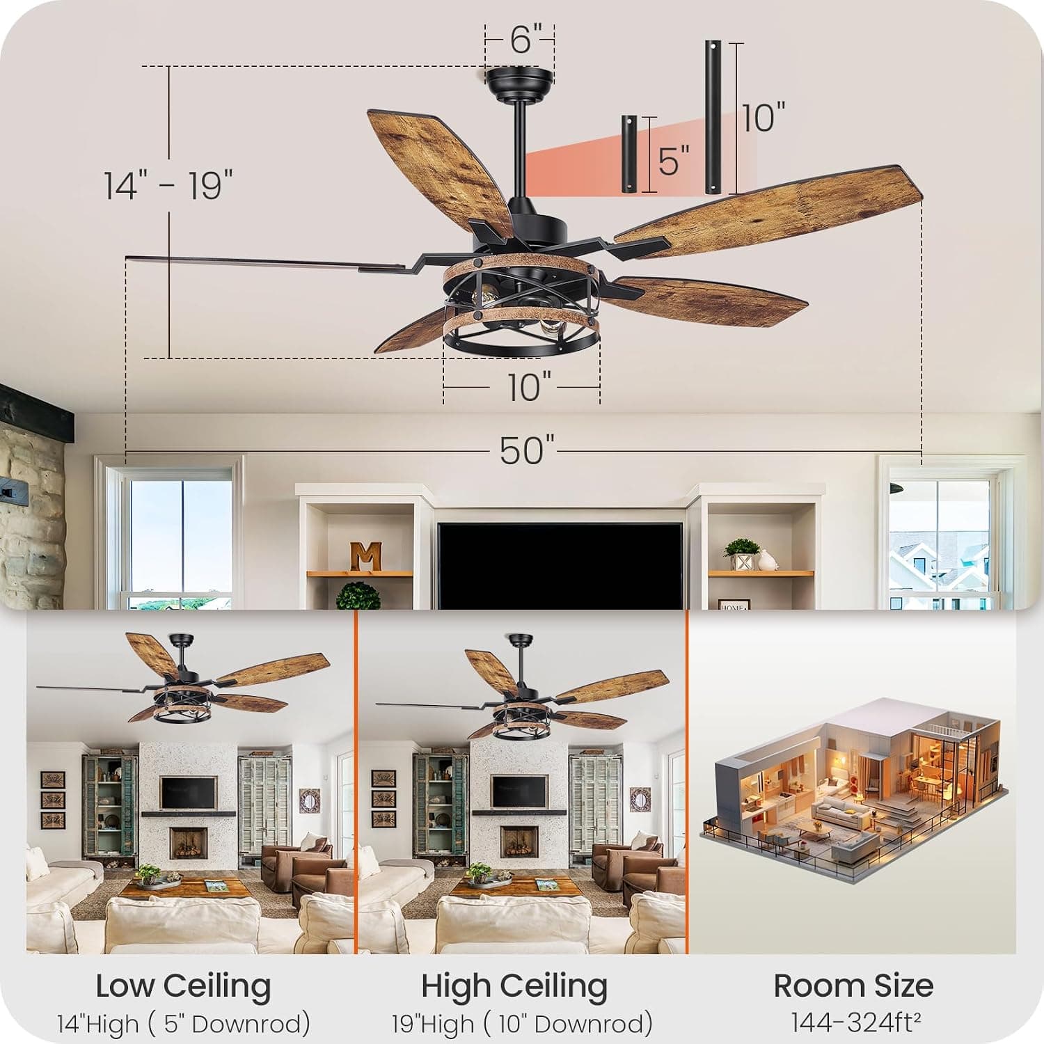 50 Inch Farmhouse Ceiling Fan with Lights and Remote, Timer — photo 3