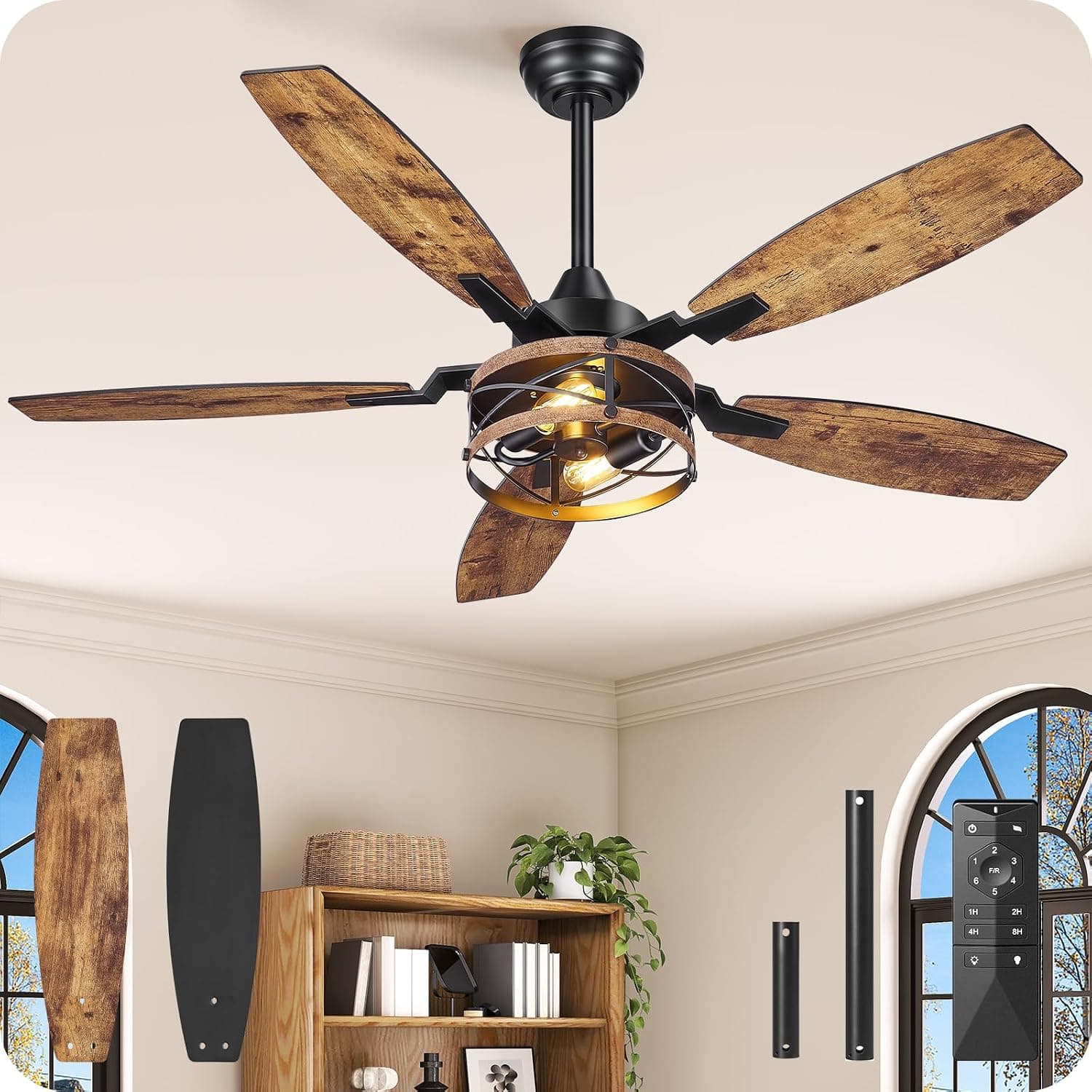 50 Inch Farmhouse Ceiling Fan with Lights and Remote, Timer