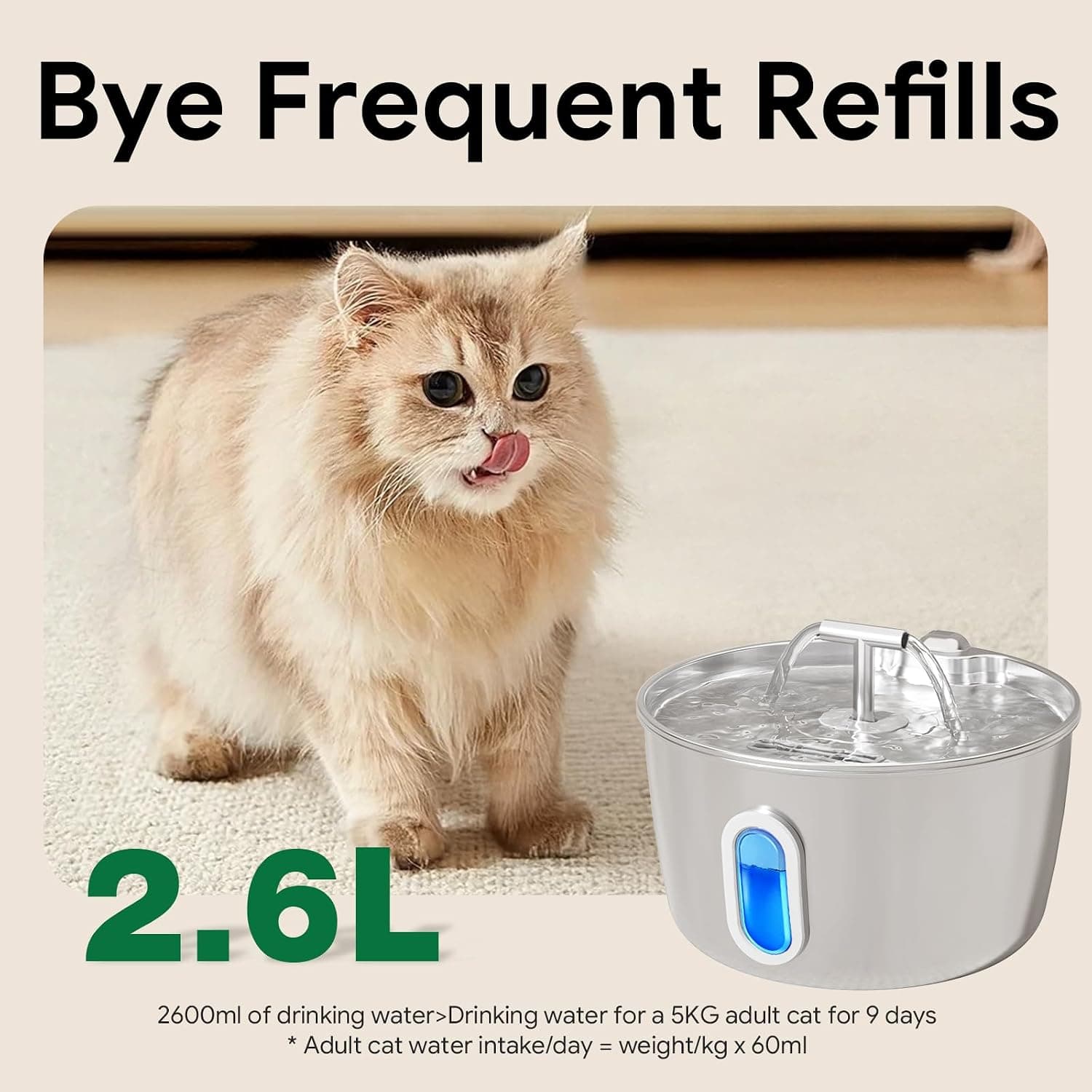 Stainless Steel Cat Water Fountain - 2.6L/88oz Cat Fountain for Drinking — photo 2