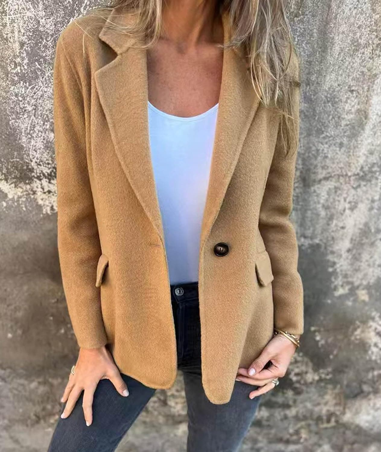 Women's Notch Lapel Single Button Wool Blend Blazer Casual Open Front Business Work… — photo 2