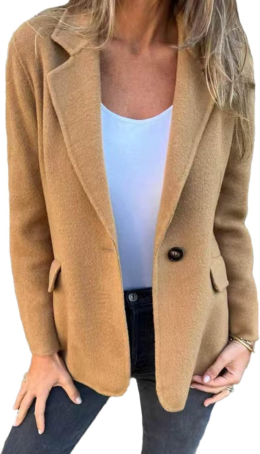Women's Notch Lapel Single Button Wool Blend Blazer Casual Open Front Business Work… — photo 3