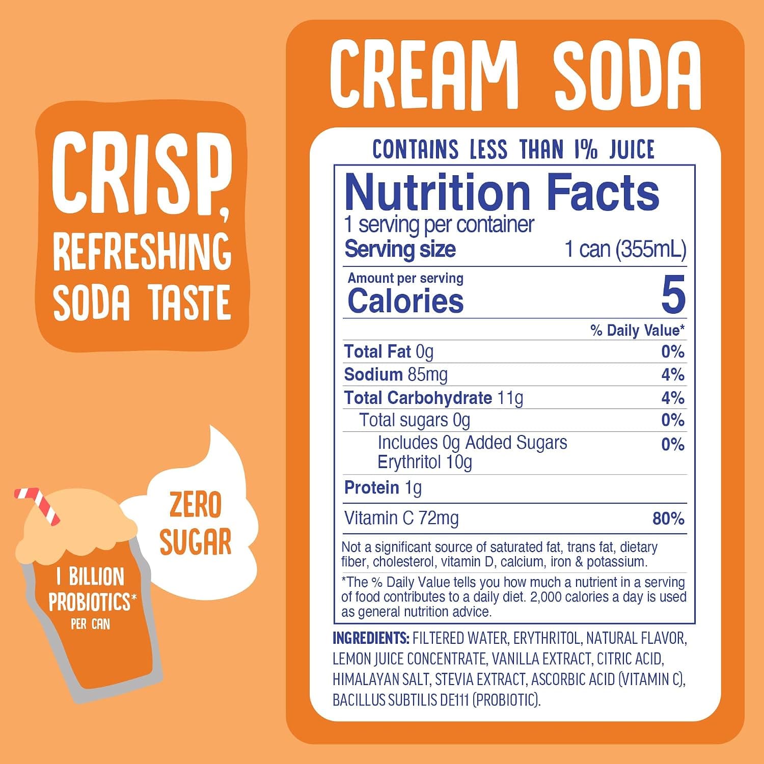 Cream Soda Probiotic Soda Drink, Zero Sugar Healthy Soda Alt, 12 Pack — photo 3