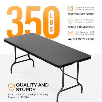 6FT Black Plastic Collapsible Long Tables for Party Camping Banquet Craft Dining Wedding — photo 2