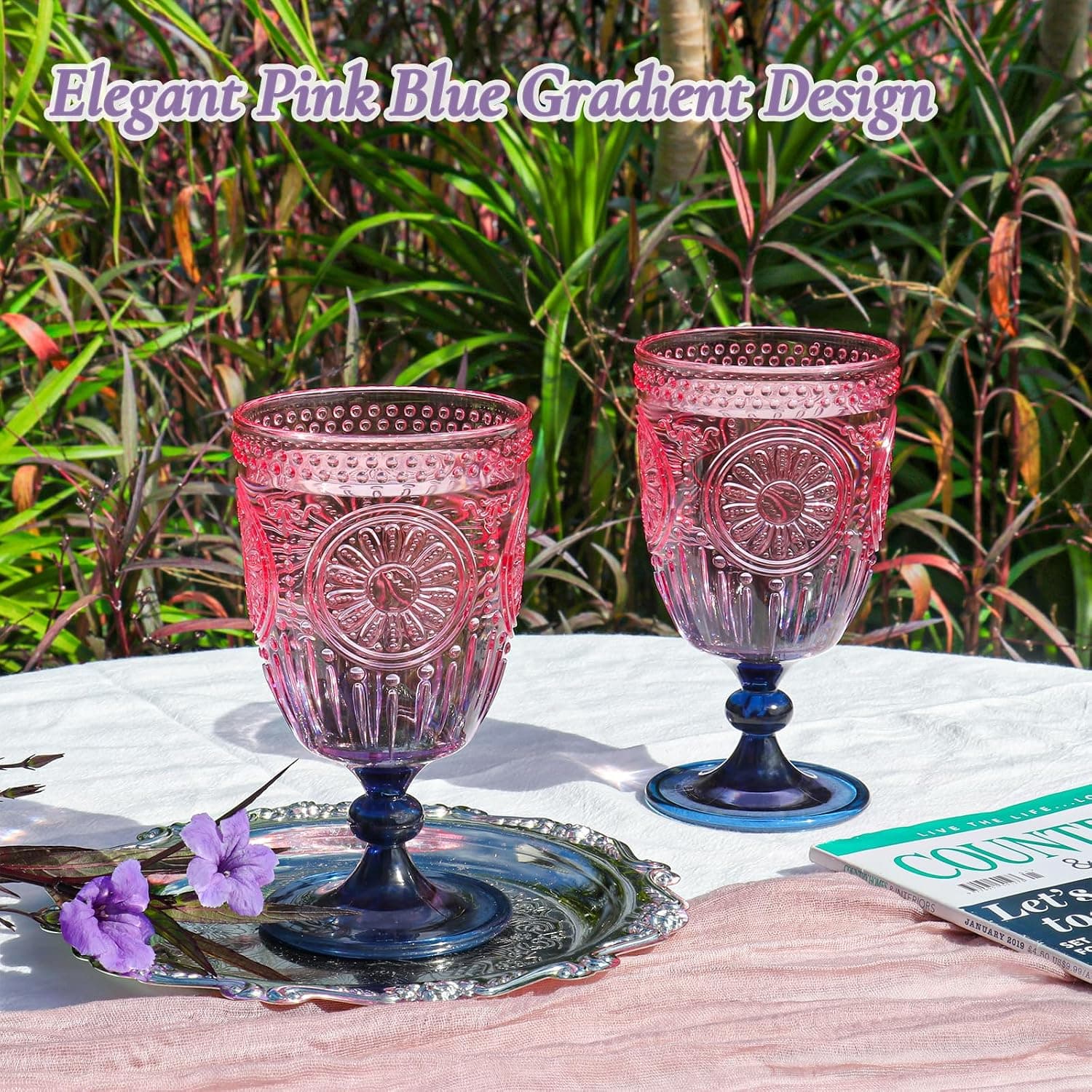 12Pcs Plastic Vintage Wine Glasses 13.5oz Reusable Embossed Goblet Glasses Pink Blue… — photo 2