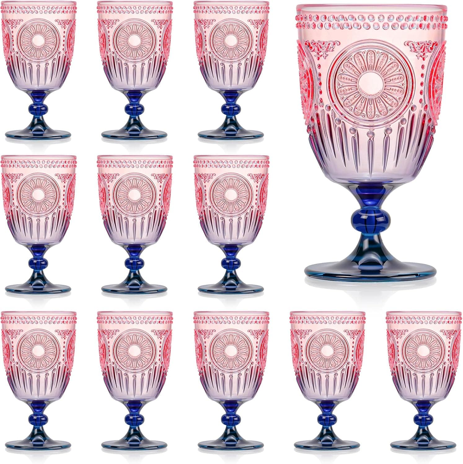 12Pcs Plastic Vintage Wine Glasses 13.5oz Reusable Embossed Goblet Glasses Pink Blue…