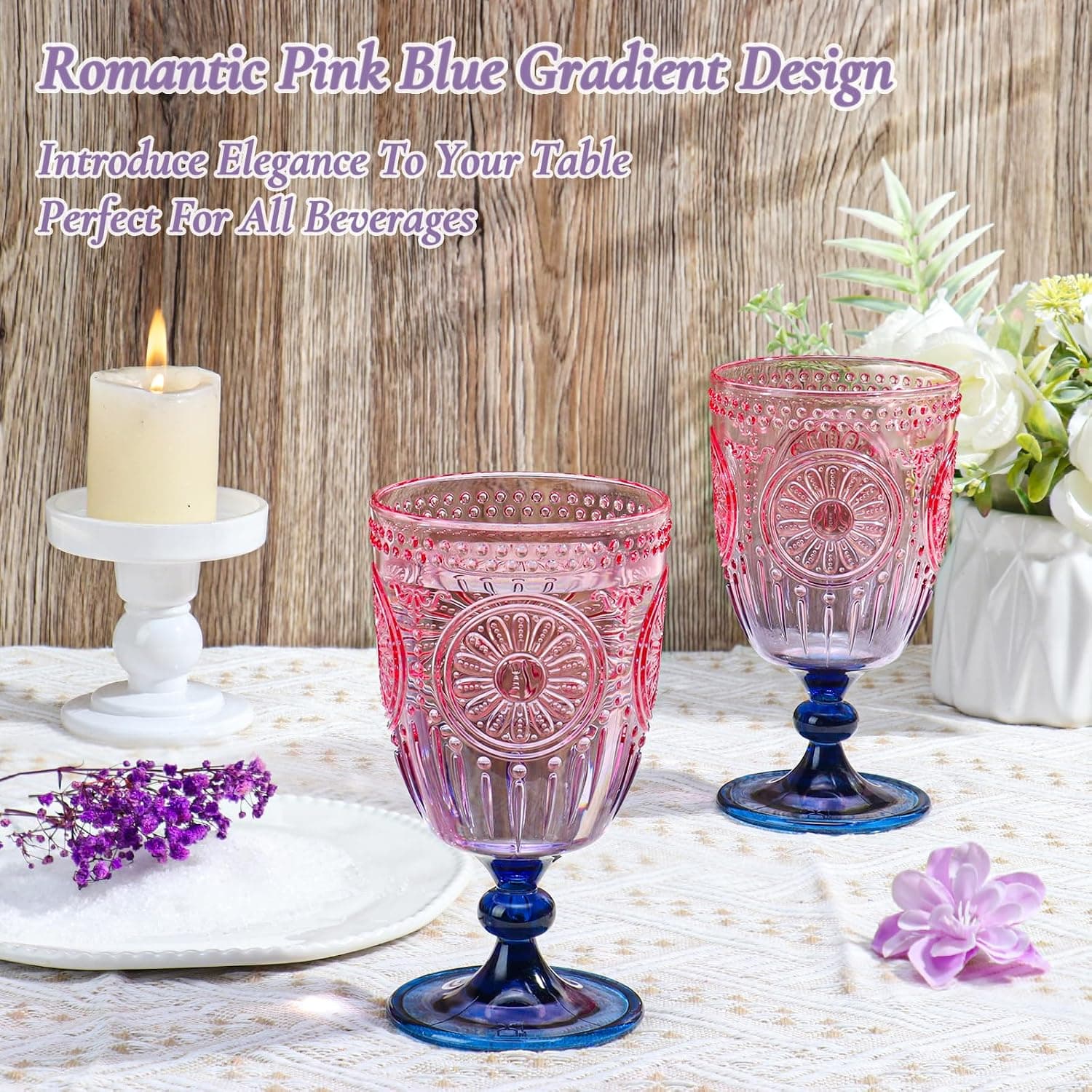 12Pcs Plastic Vintage Wine Glasses 13.5oz Reusable Embossed Goblet Glasses Pink Blue… — photo 3
