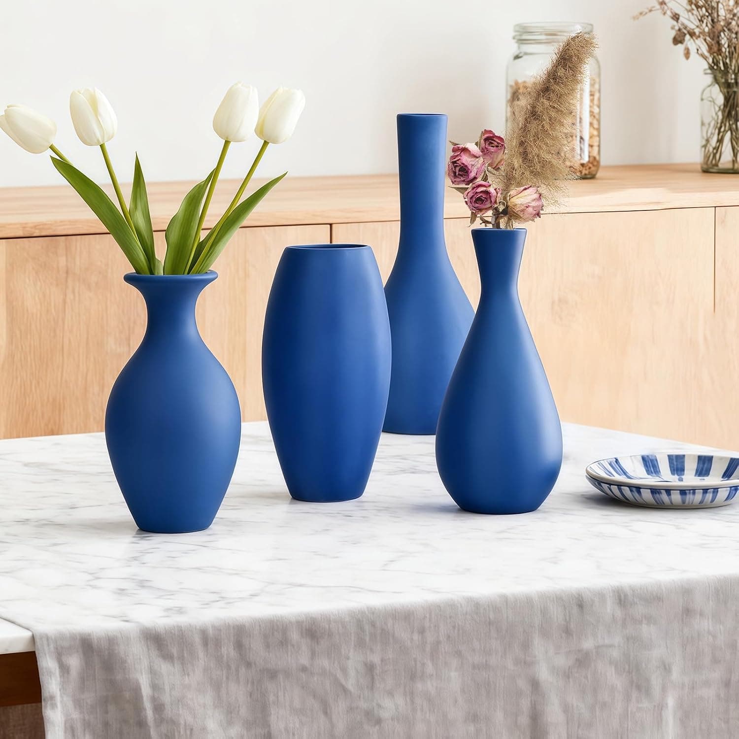 Matte Blue Ceramic Vase 4 Piece Set, Navy Blue Vase for Rustic Modern Home Decor