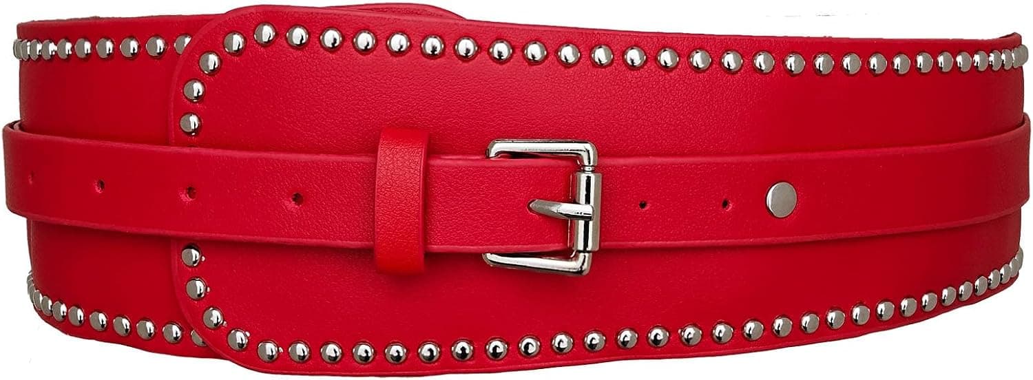 Red Leather Wide Corset Waist Belt, Silver Studded Buckle Cincher