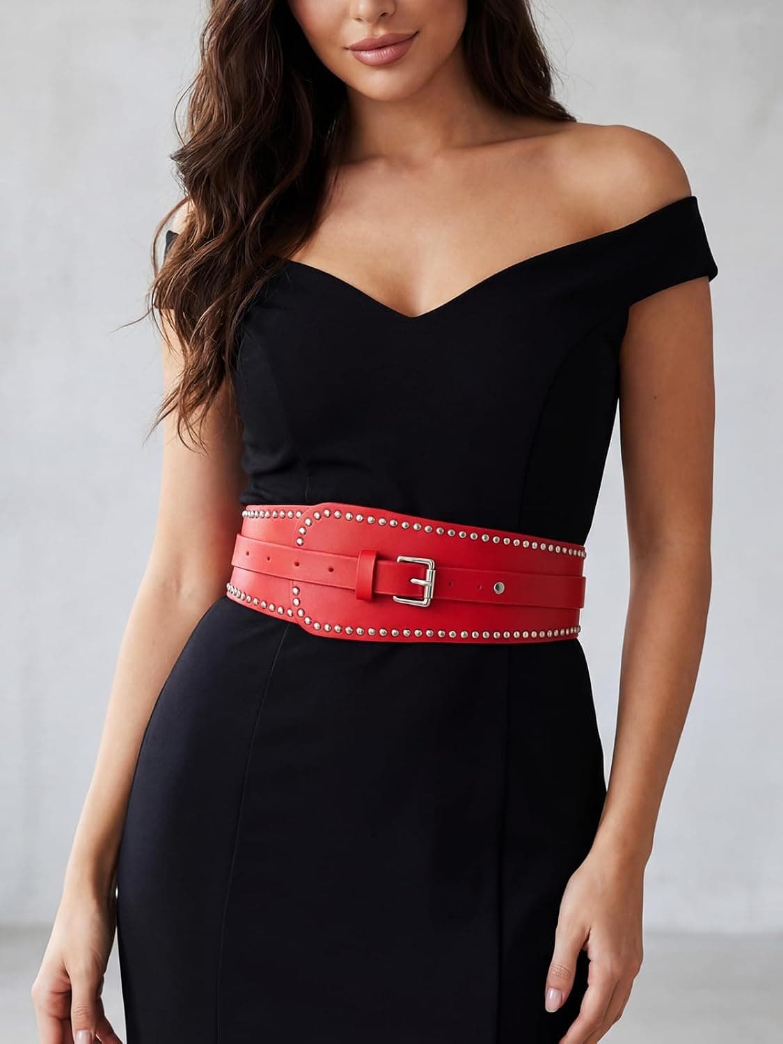 Red Leather Wide Corset Waist Belt, Silver Studded Buckle Cincher — photo 3