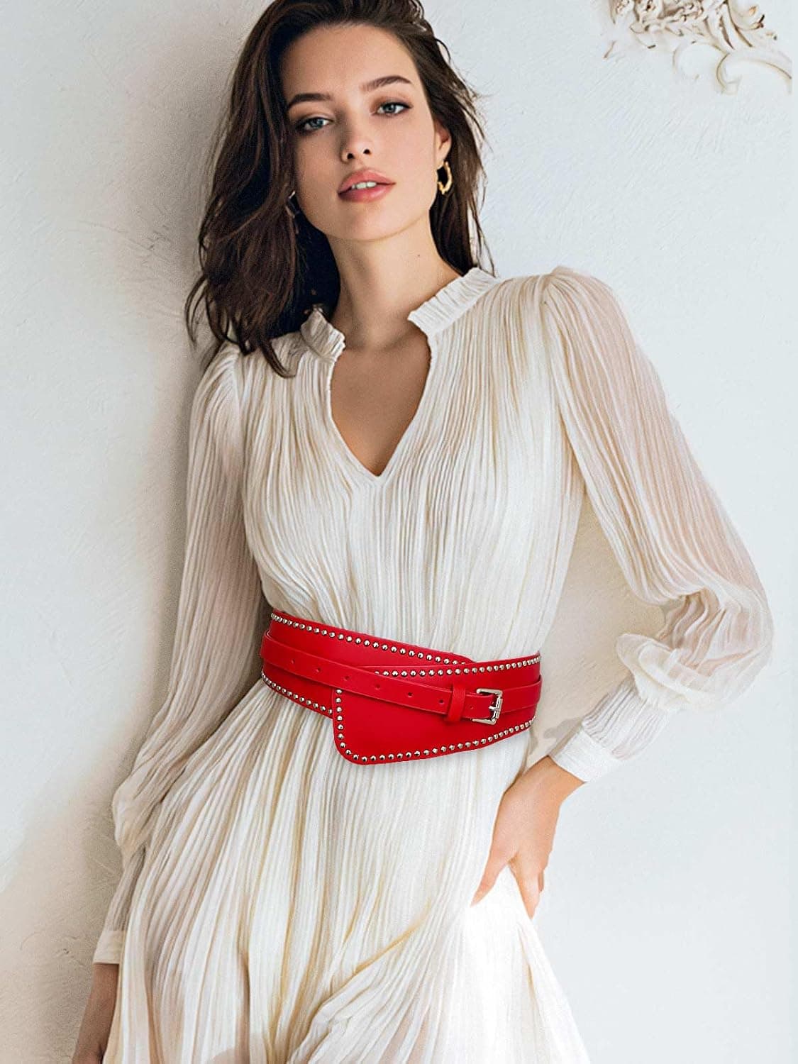 Red Leather Wide Corset Waist Belt, Silver Studded Buckle Cincher — photo 2
