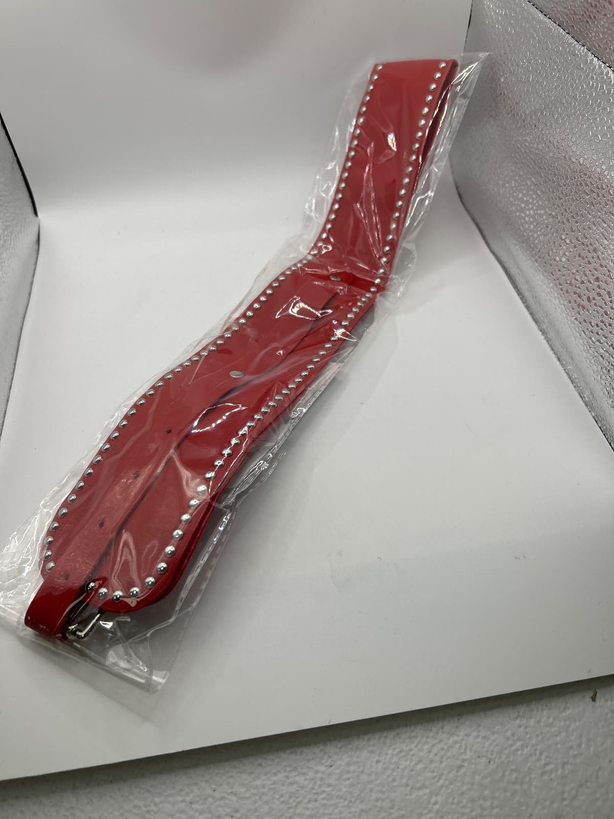 Red Leather Wide Corset Waist Belt, Silver Studded Buckle Cincher — photo 4