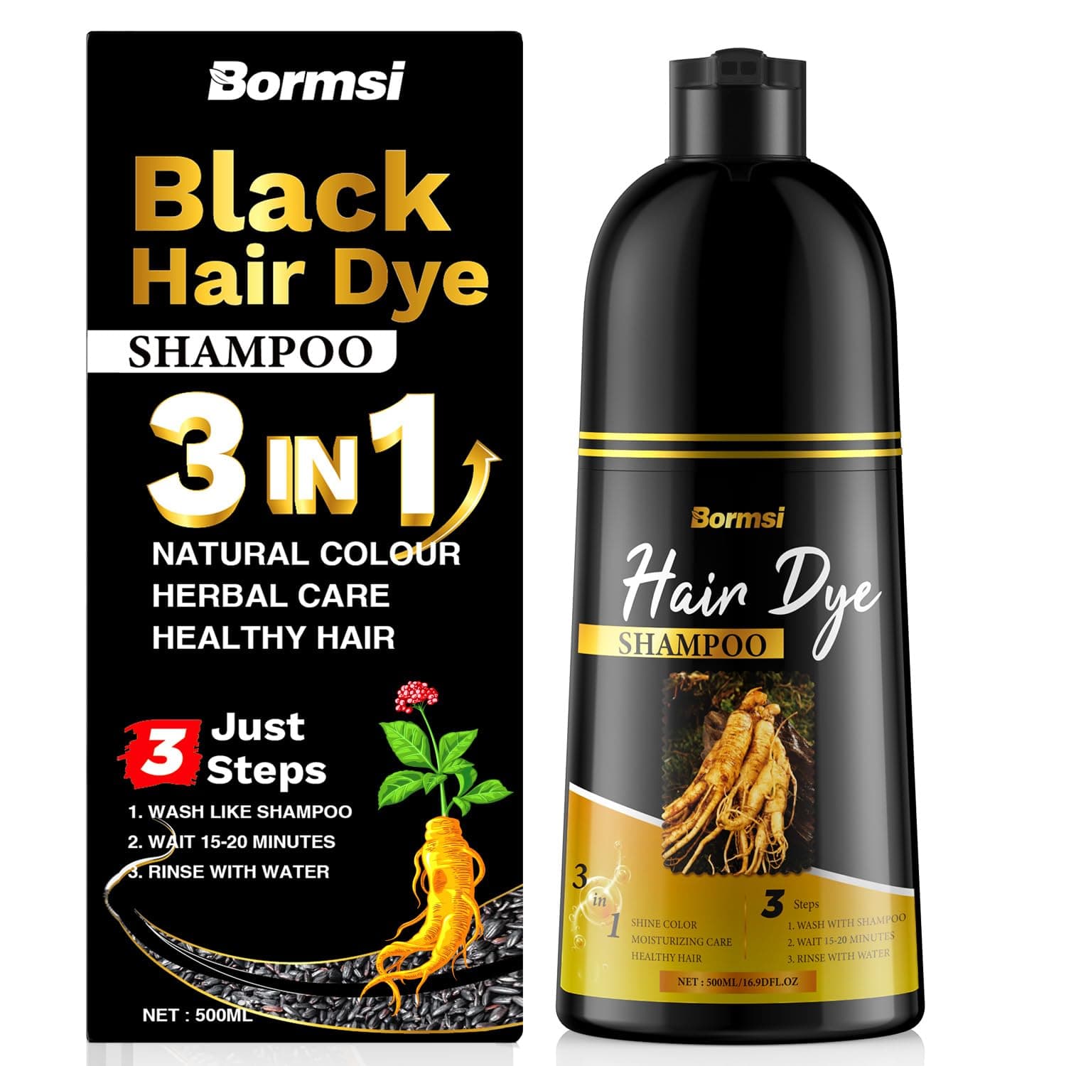 Black Hair Dye Shampoo 3 in 1, At Home Semi Permanent Gray Hair Coverage