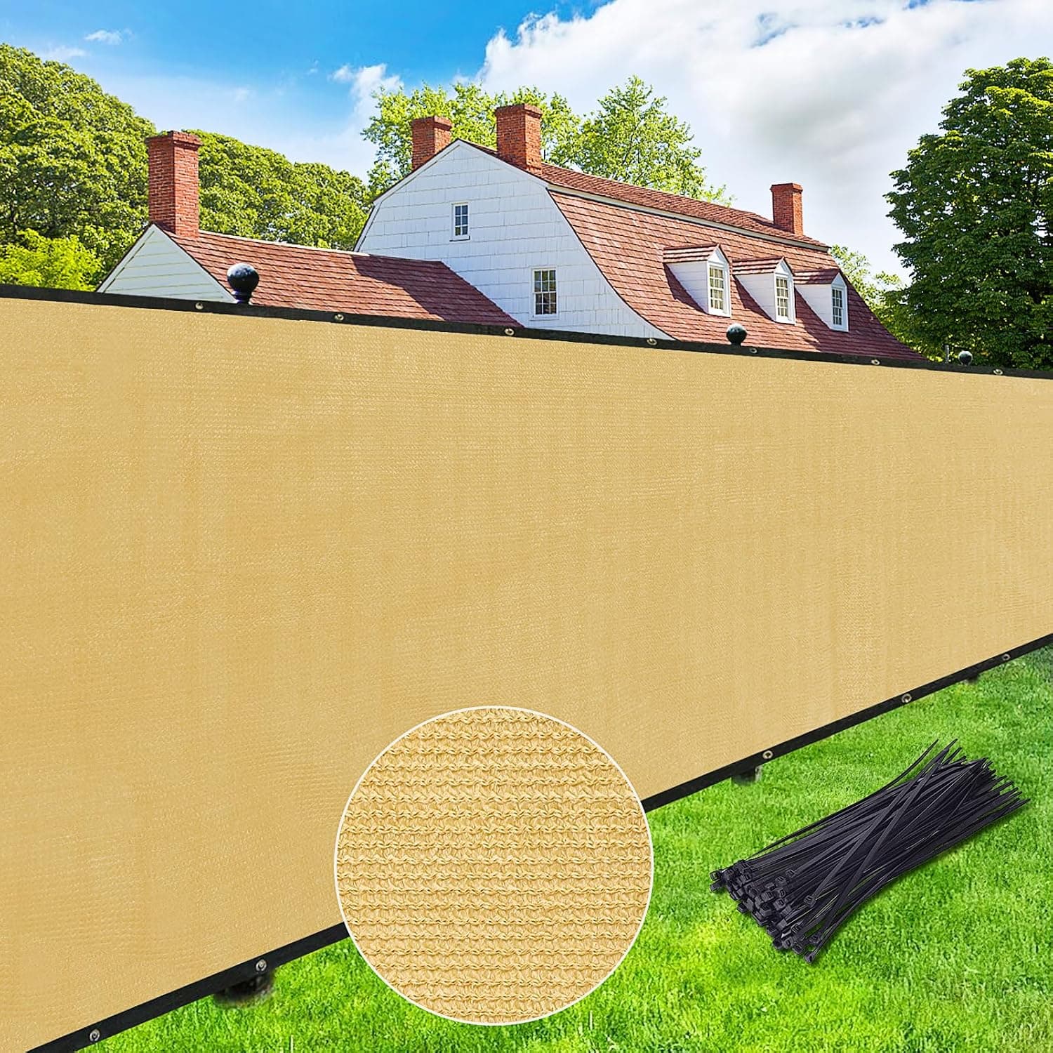 Privacy Screen Fence 8' x 50', Heavy Duty with Brass Grommets, Sand