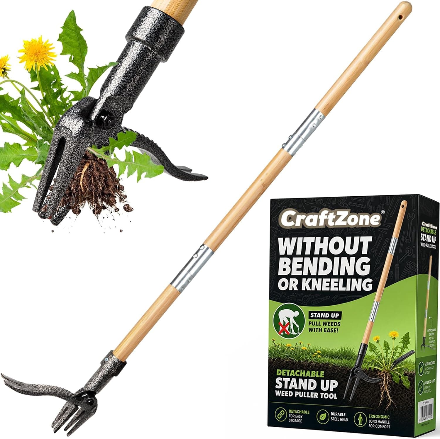 Stand-Up Weed Puller Tool, Long Wooden Handle