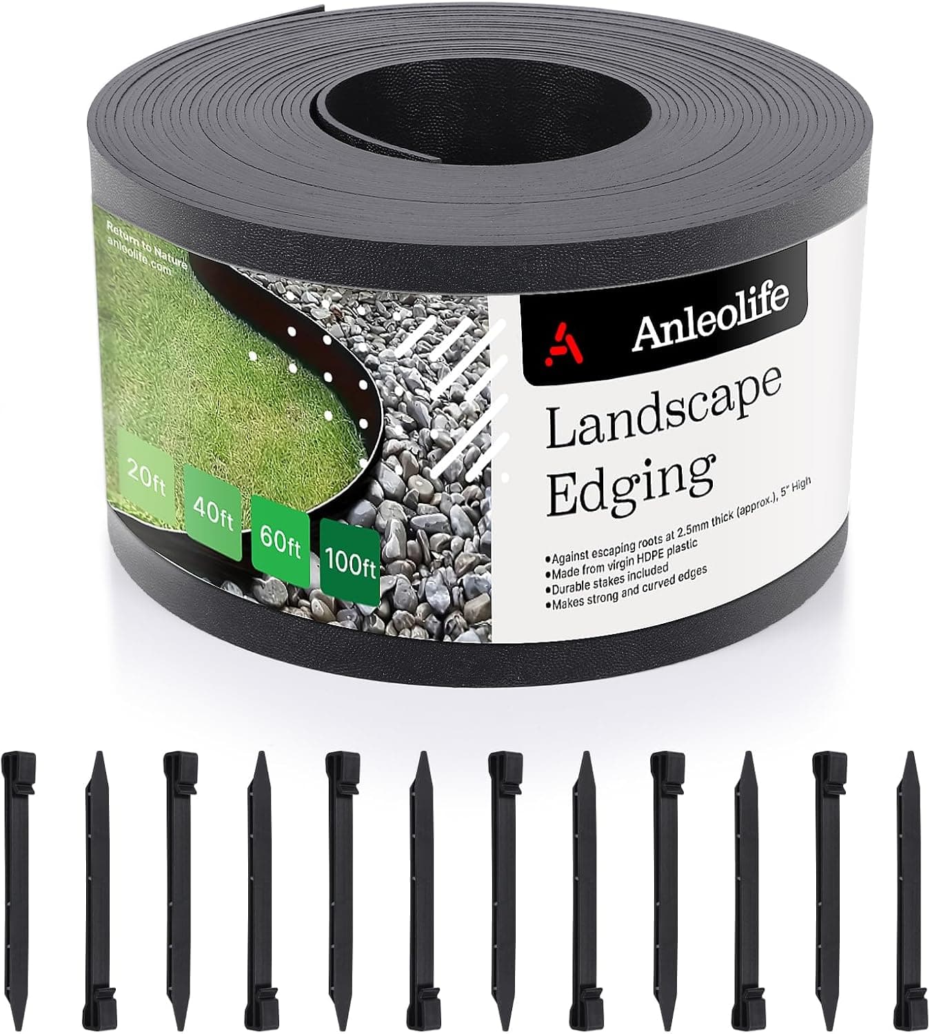 Flexible Landscape Edging Coil, 40ft, with 12 Stakes