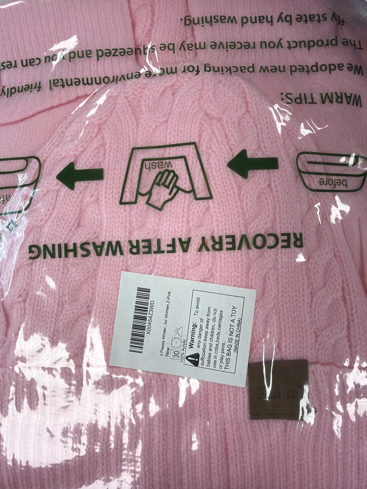 3 Pc Women's Winter Set, Beanie, Scarf & Touch Screen Gloves, Pink — photo 4