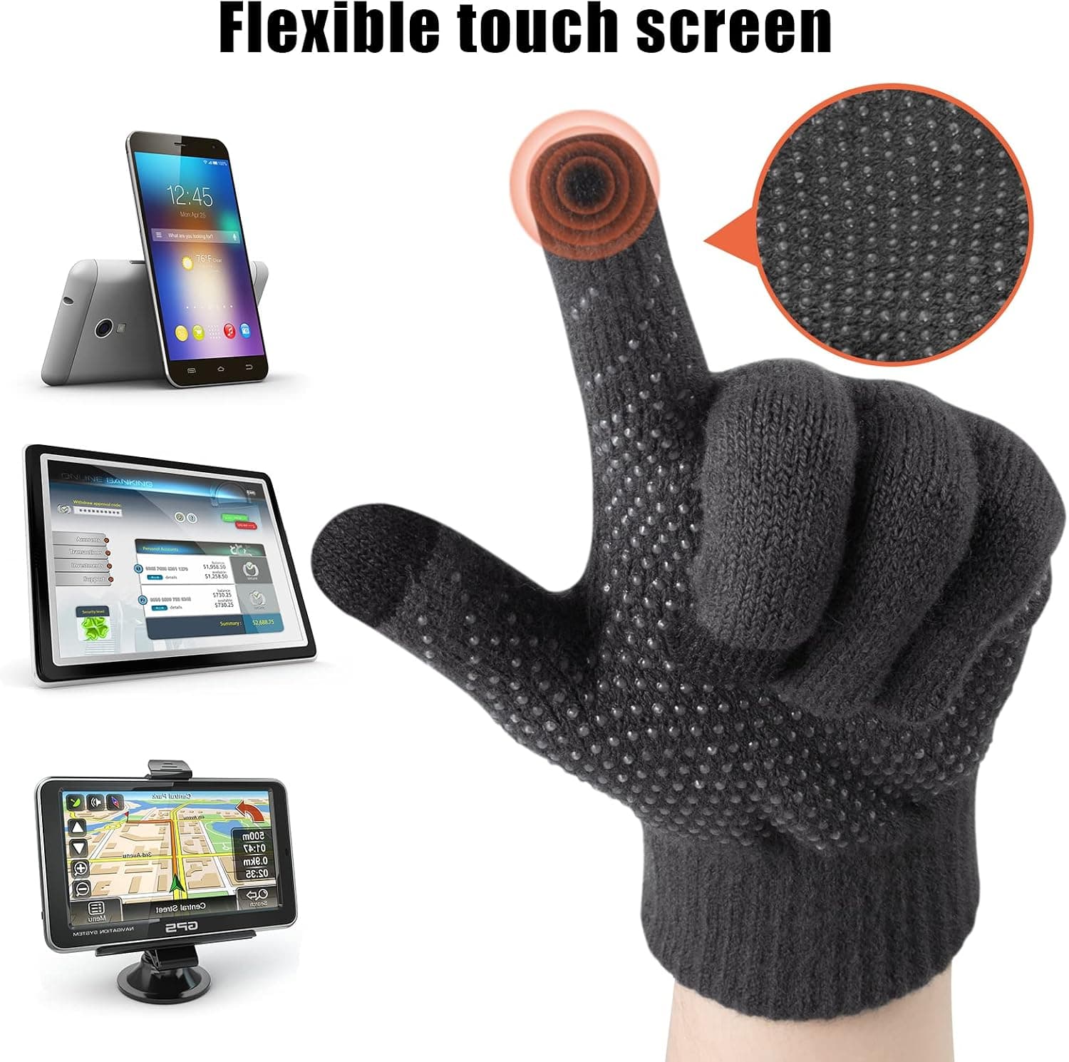 3 Pc Women's Winter Set, Beanie, Scarf & Touch Screen Gloves, Dark Gray — photo 3